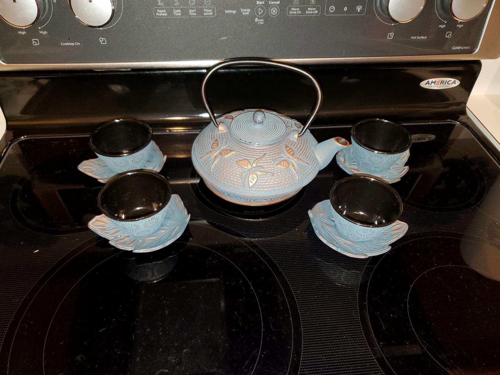 Cast Iron Tea Set with Teapot, 2 Tea Cups, 2 Saucers, Stainless Steel Tea Infuser & Matching Trivet, Enamel Coated Teapot for Loose Leaf Tea, Blue Butterfly customer photo 1