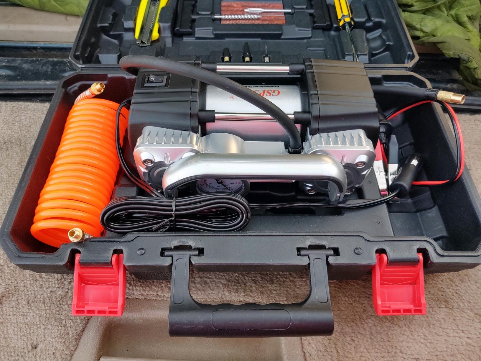 GSPSCN Heavy Duty Tire Inflator 12V Portable Toolbox Air Compressor Pump | with Tire Repair Kit,6X Faster Inflation Dual Cylinder Air Pump LED Light for Cars,SUV,Truck,Pickup,Balls,RV,Van,Camper customer photo 1