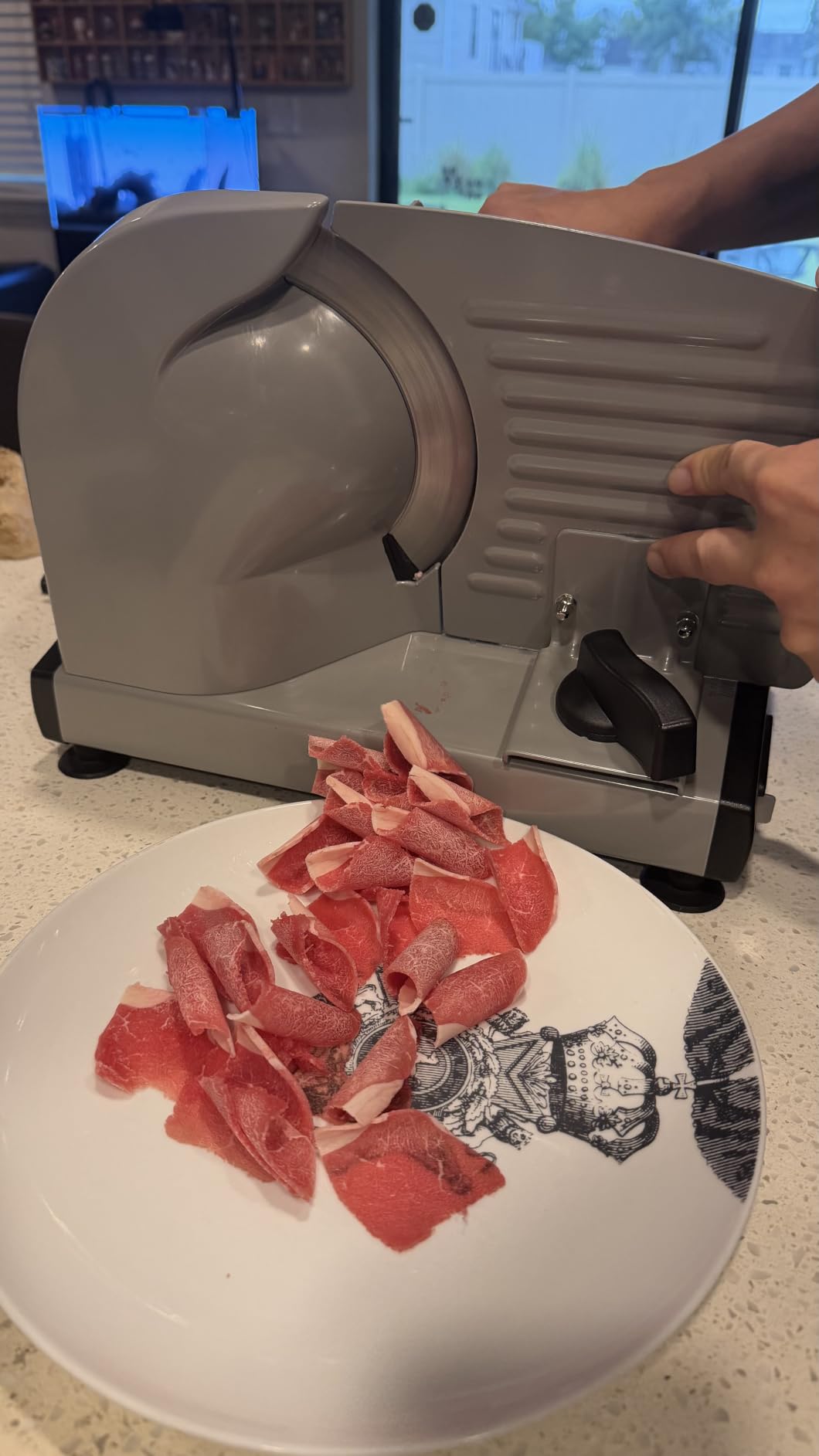 OSTBA Meat Slicer Electric Deli Food Slicer with Child Lock Protection, Removable 7.5'' Stainless Steel Blade and Food Carriage, Adjustable Thickness Food Slicer Machine for Meat, Cheese, Bread (150W) customer photo 1