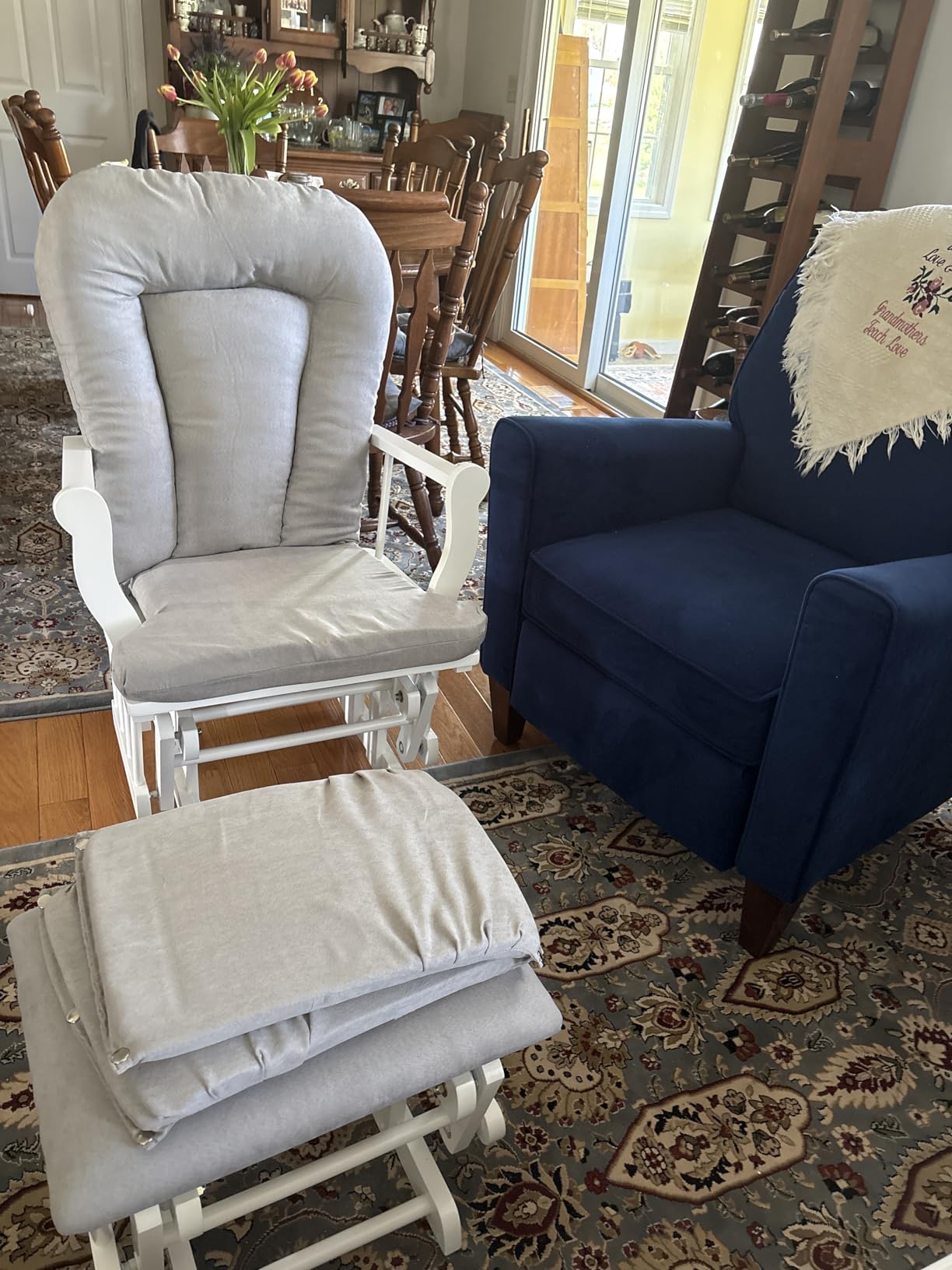 Child Craft Cozy Glider Rocker and Ottoman Set, Smooth Quiet Gliding Motion, Padded Cushion with Convenient Storage Pockets, Solid Wood Base & Frame (Dapper Gray with Light Gray Cushion) customer photo 1
