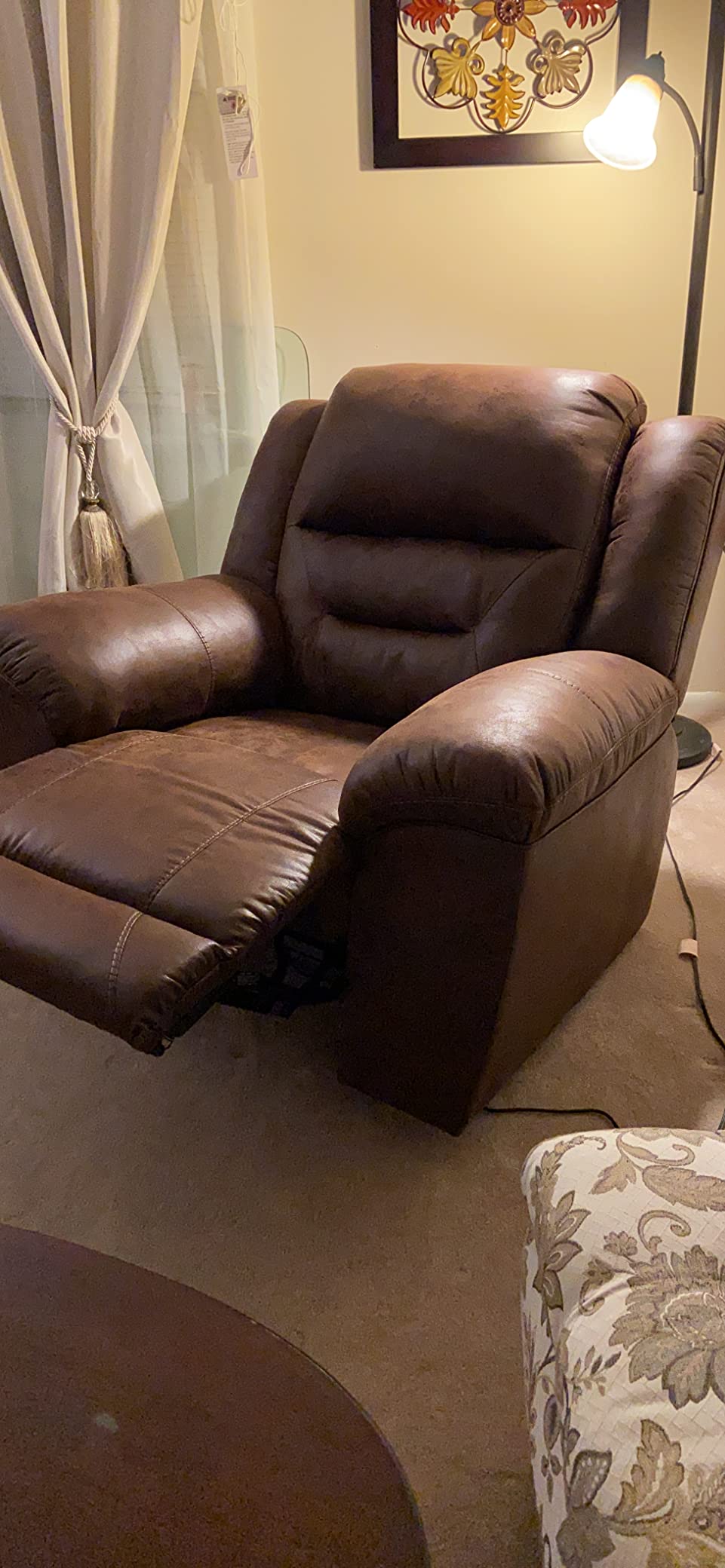 Signature Design by Ashley Faux Leather Power Rocker Recliner, Chocolate | Durable 97% polyester faux leather blend, 43 in oversized width, Deep lumbar support, Smooth power rocking, Stoneland Series customer photo 1