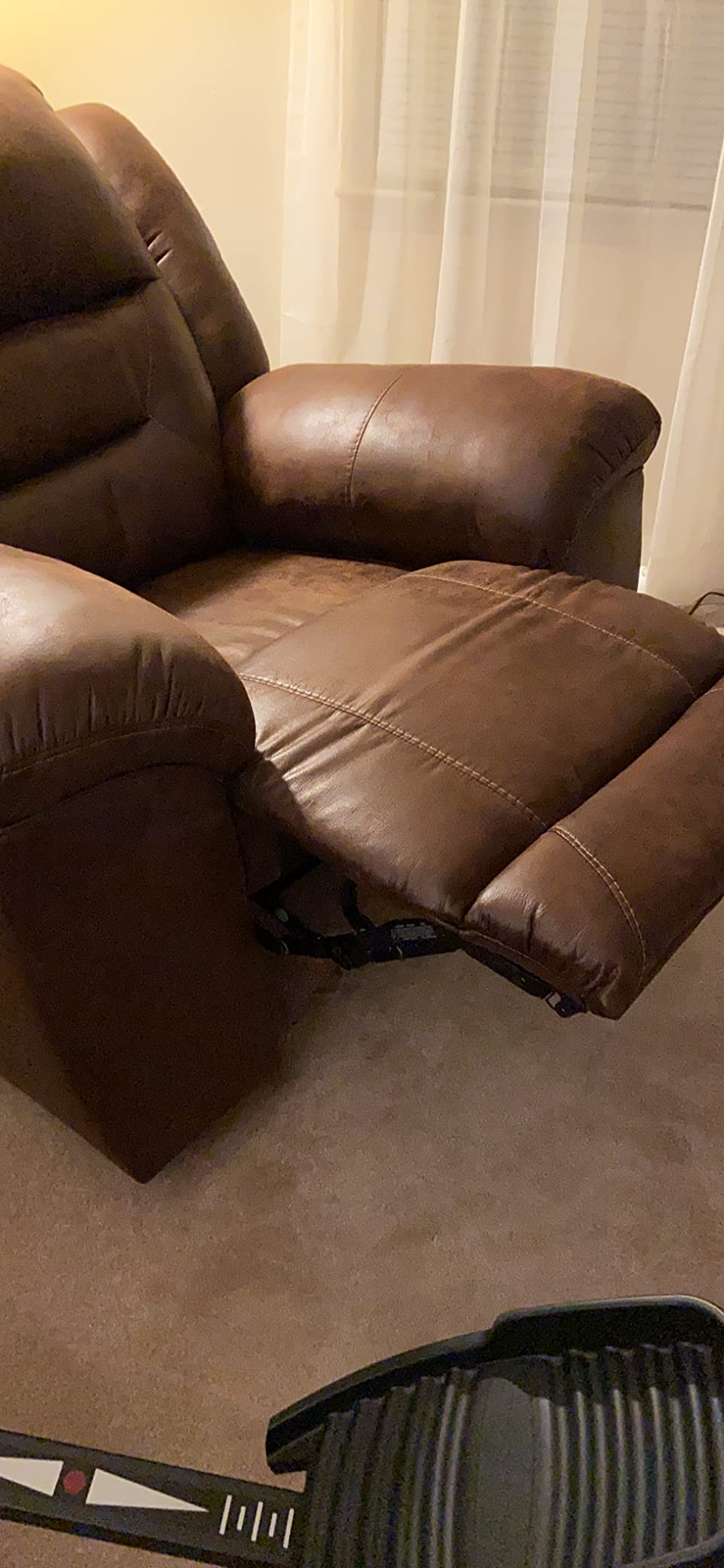 Signature Design by Ashley Faux Leather Power Rocker Recliner, Chocolate | Durable 97% polyester faux leather blend, 43 in oversized width, Deep lumbar support, Smooth power rocking, Stoneland Series customer photo 2