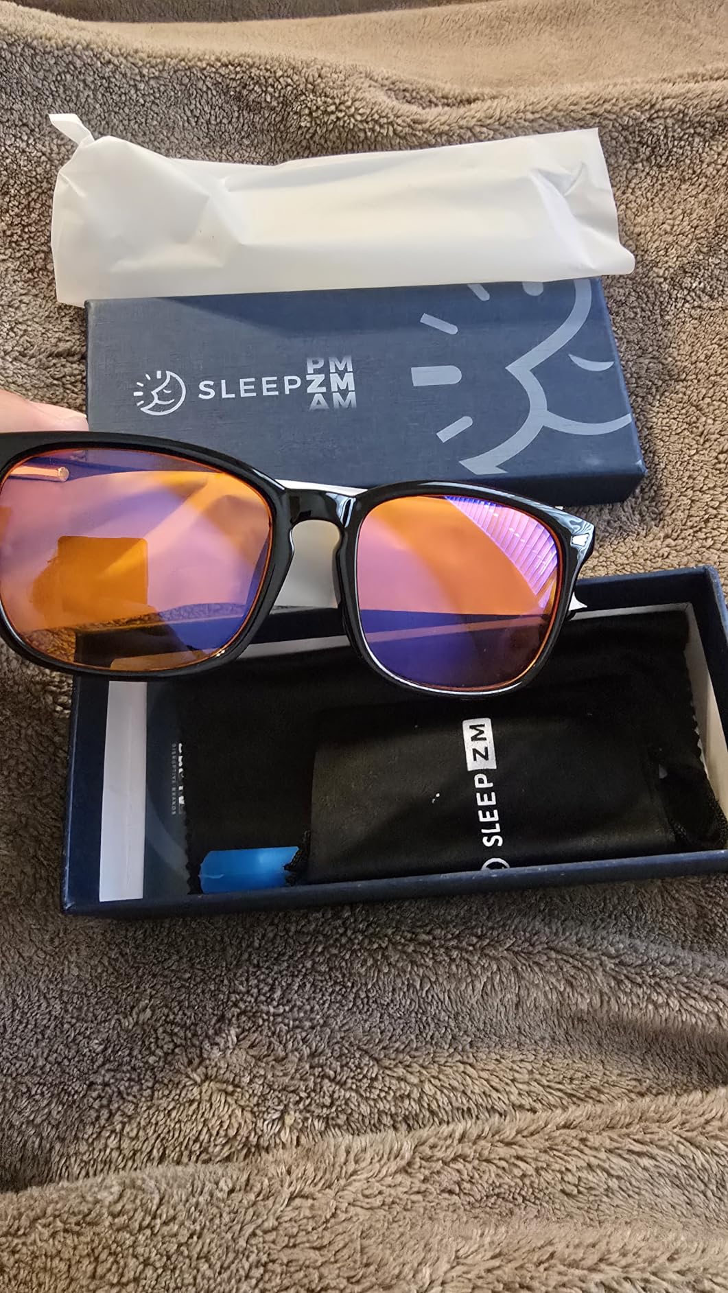 Sleep ZM Blue Light Blocking Glasses for Women + Men - Better Sleep + Anti Eye Strain Protection - Computer Screens & Gaming - Black Wayfarer - 99% Night-time Amber Lens customer photo 2