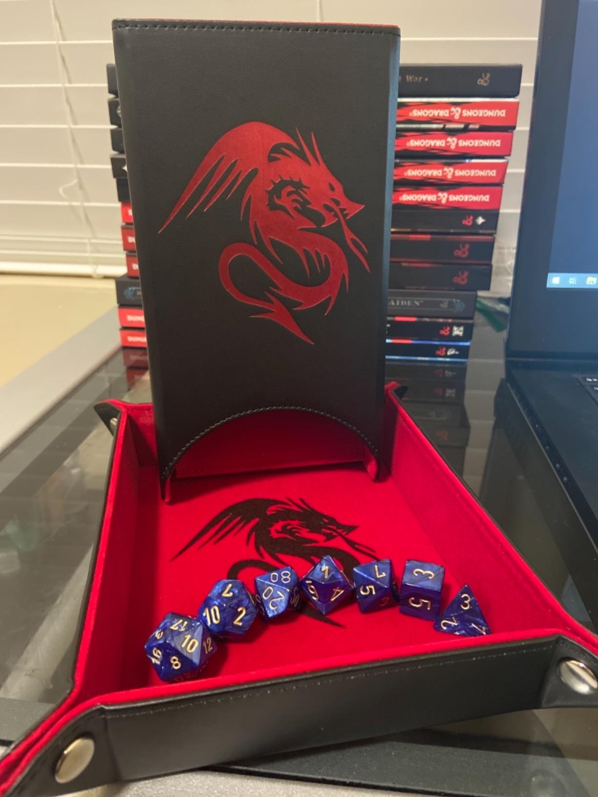 Luck Lab Magnetic Folding Dice Tower and Dice Tray for DND, D&D and RPG Tabletop Games - Portable Collapsible PU Leather Dice Roller Tray - Dragon Design, Black/Red customer photo 2