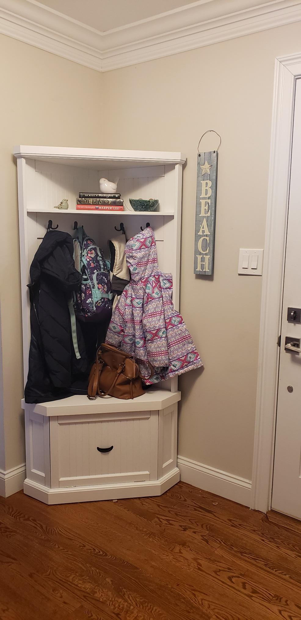 Crosley Furniture Seaside Corner Hall Tree with Shoe Rack Bench and Coat Hooks for Hanging Storage, Distressed White customer photo 1