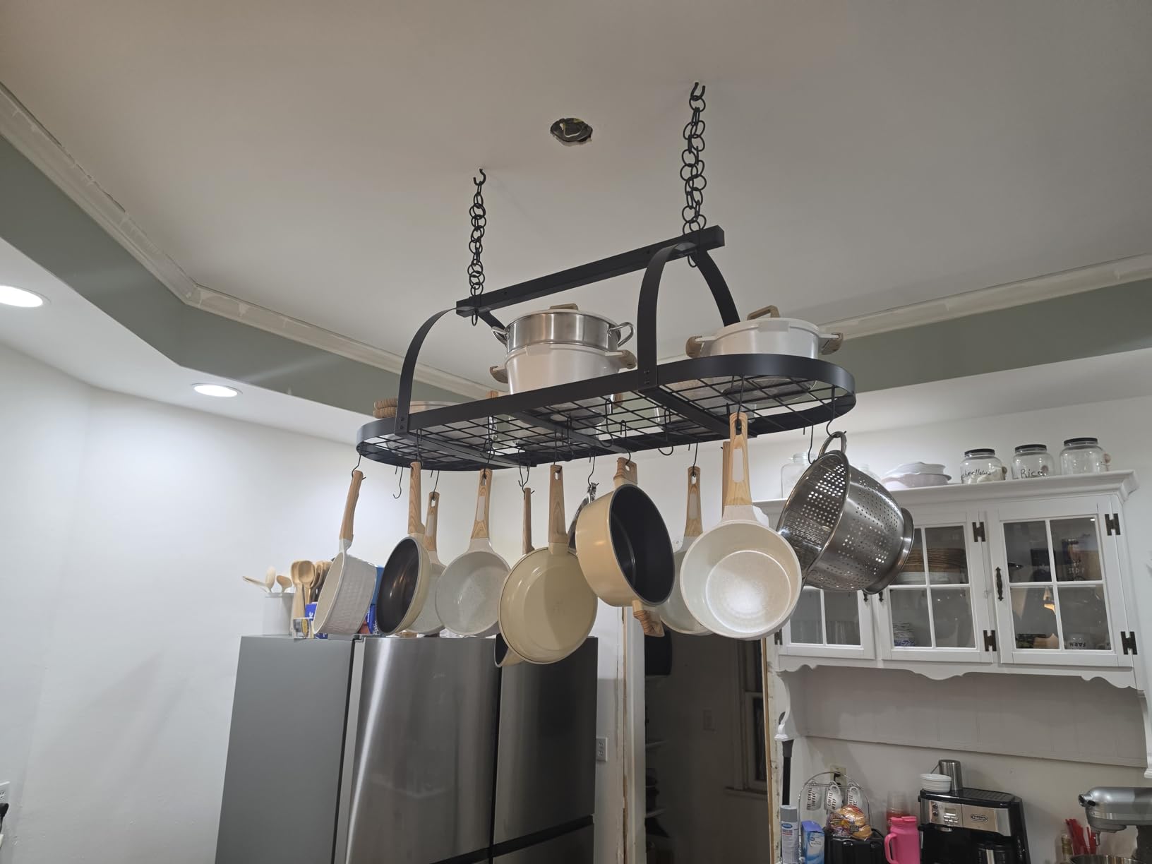 KES Ceiling Pot Rack 34-Inch Hanging Pot Rack for Kitchen Oval Pot and Pan Rack Matte Black Pot Hanger with 20 S Hooks (For 16