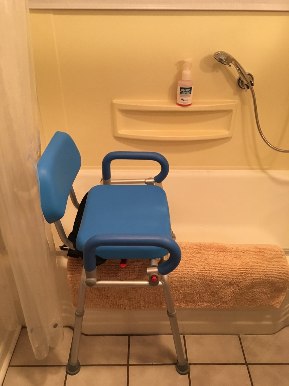 Carousel Sliding Shower Chair Tub Transfer Bench with Swivel Seat, Bariatric, Premium Padded with Pivoting Arms, High Capacity, Heavy Duty for Tubs, Inside Shower, for Handicap & Seniors, Blue customer photo 1