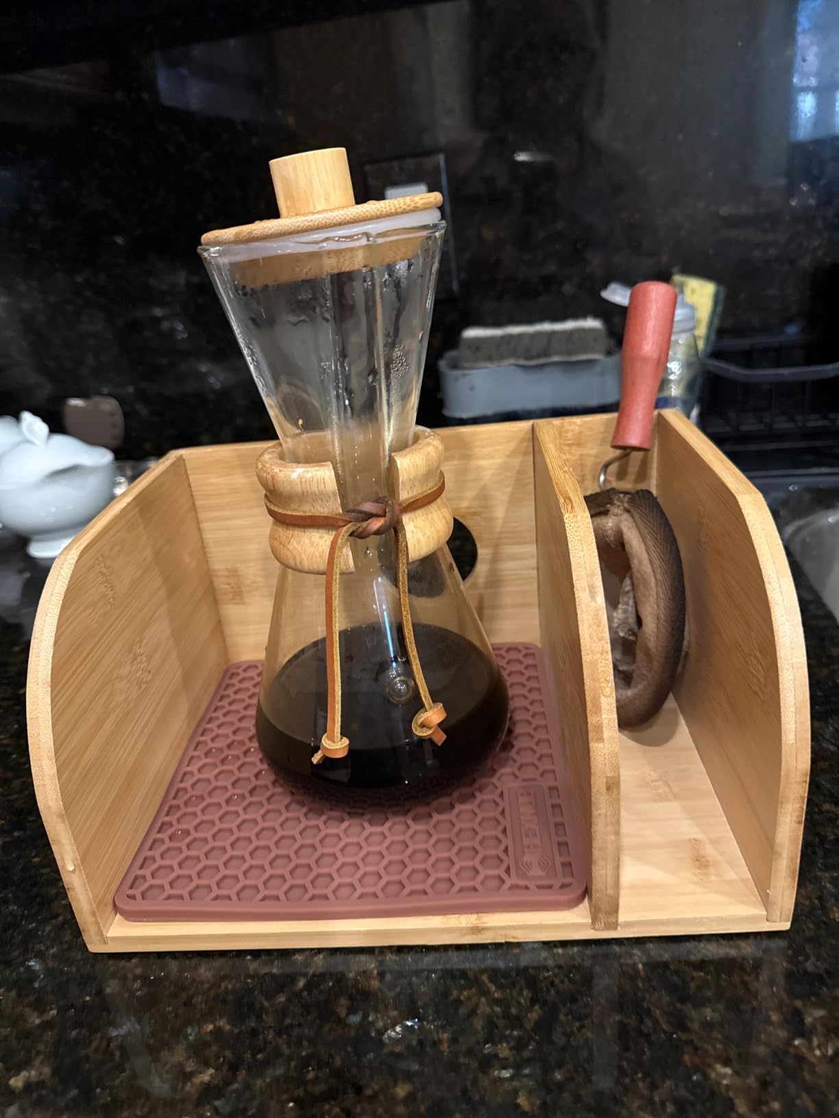 Pour Over Caddy for Chemex Bodum Cosori Coffee Makers Black | Handmade Bamboo Stand, Filter Holder, Heatproof Mat for a Cleaner Coffee Station customer photo 1