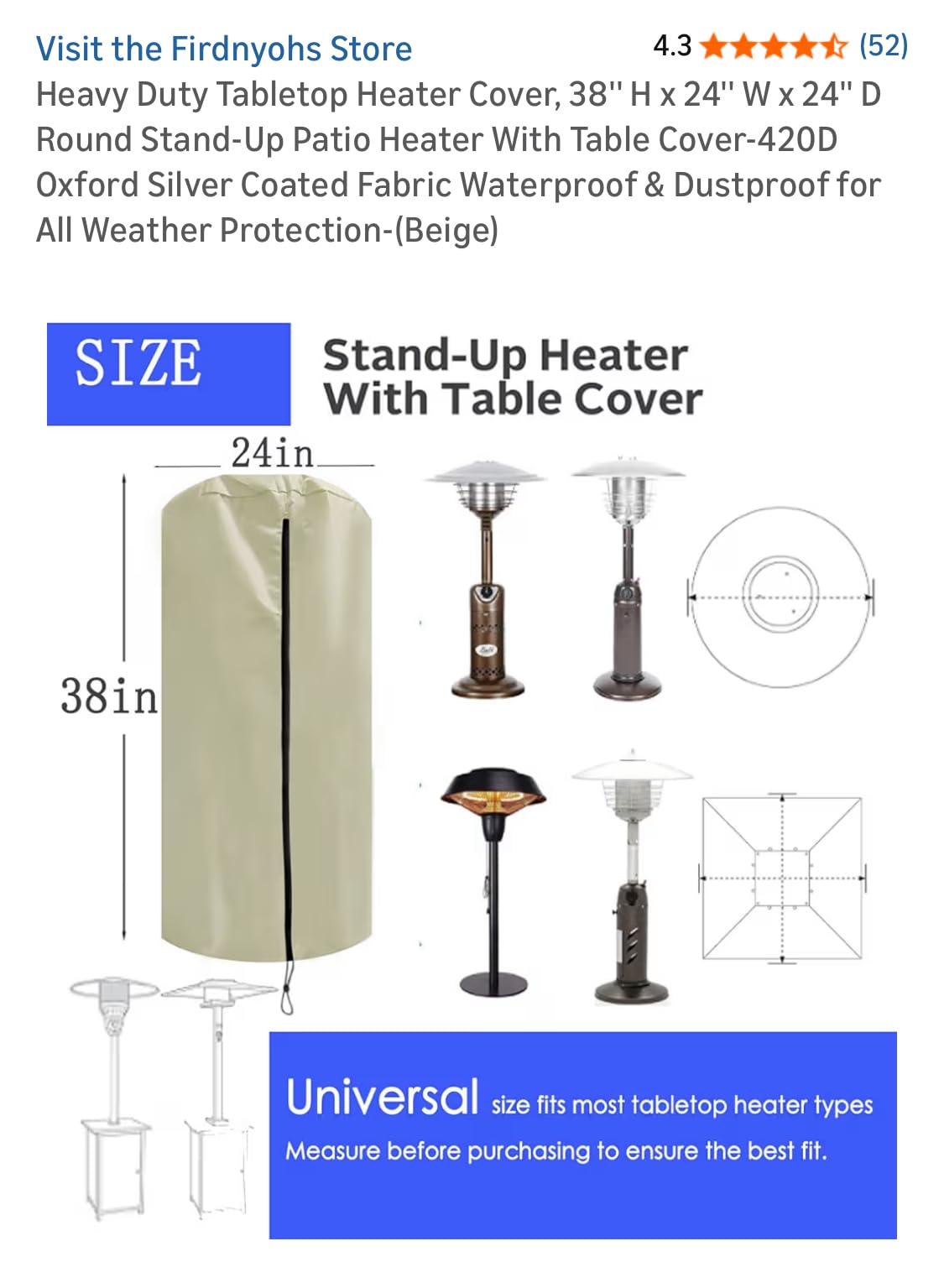 Patio Heater Covers with Zipper and Storage Bag, Waterproof, Dustproof, Wind-Resistant, Sunlight-Resistant, Snow-Resistant, Black, 89'' Height x 33