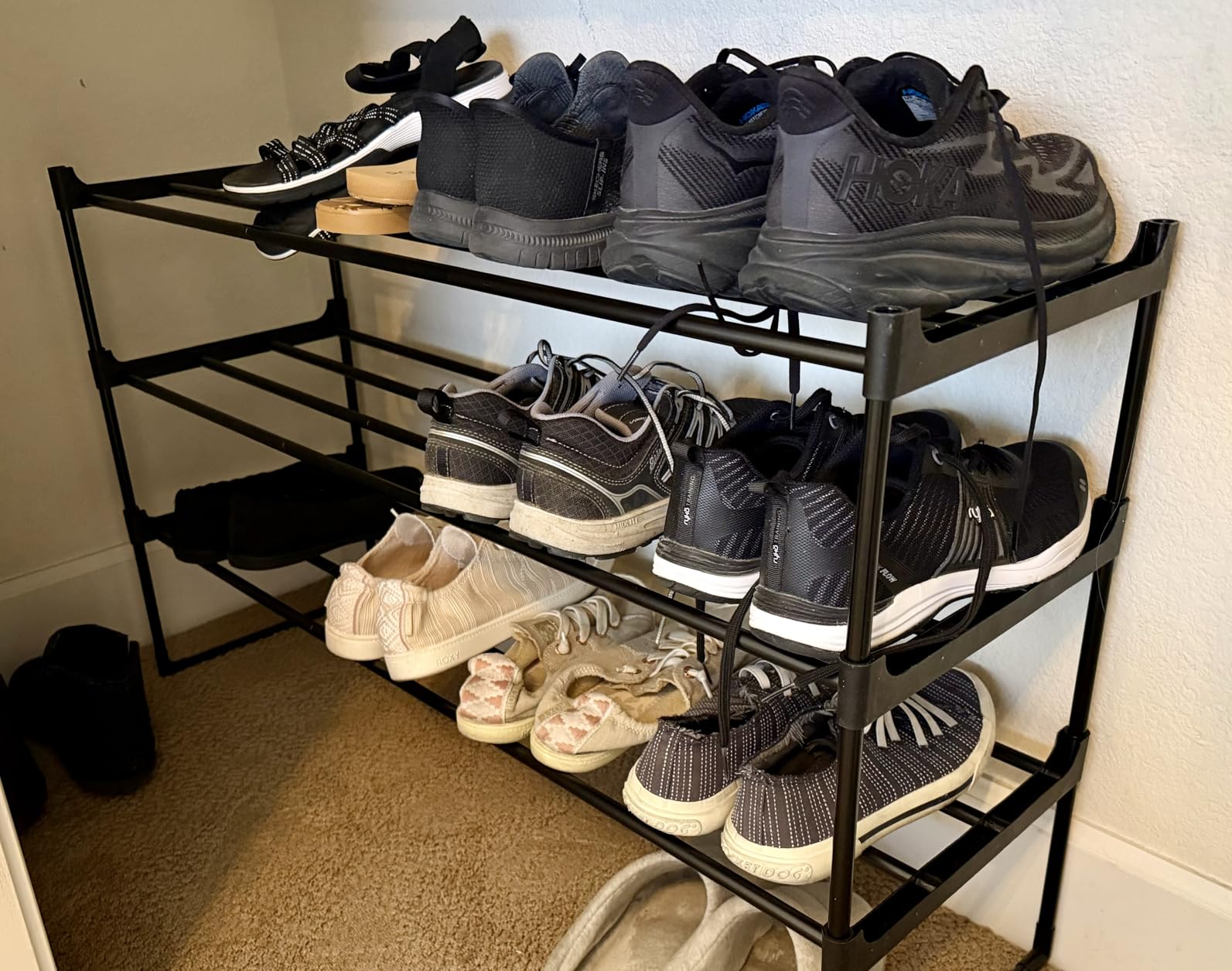 SONGMICS Shoe Rack, 3-Tier Shoe Organizer, Metal Storage Shelf, Upright or Upside Down, for 16-20 Pairs, Stackable, for Entryway, 11.8 x 36.2 x 21.7 Inches, Black customer photo 1