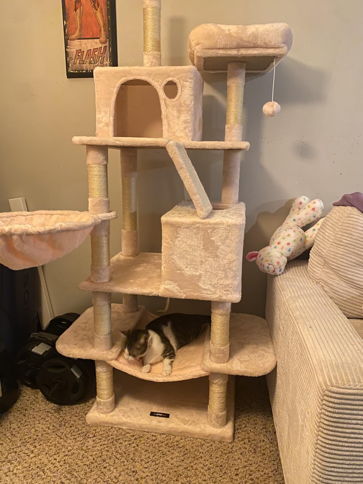 Feandrea Cat Tree, 81.1-Inch Large Cat Tower, Multi-Level Plush Condo with 13 Scratching Posts, 2 Perches, 2 Caves, Basket, Hammock, Pompoms, Smoky Gray UPCT190G01 customer photo 2