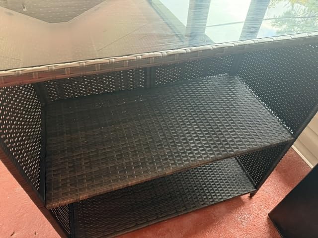 Yaheetech 3pcs Outdoor Bar Set, Patio Wicker Bar Furniture with 2 Storage Shelves, Glass Top Table, Cushions and Two Stools, Brown/Khaki customer photo 1