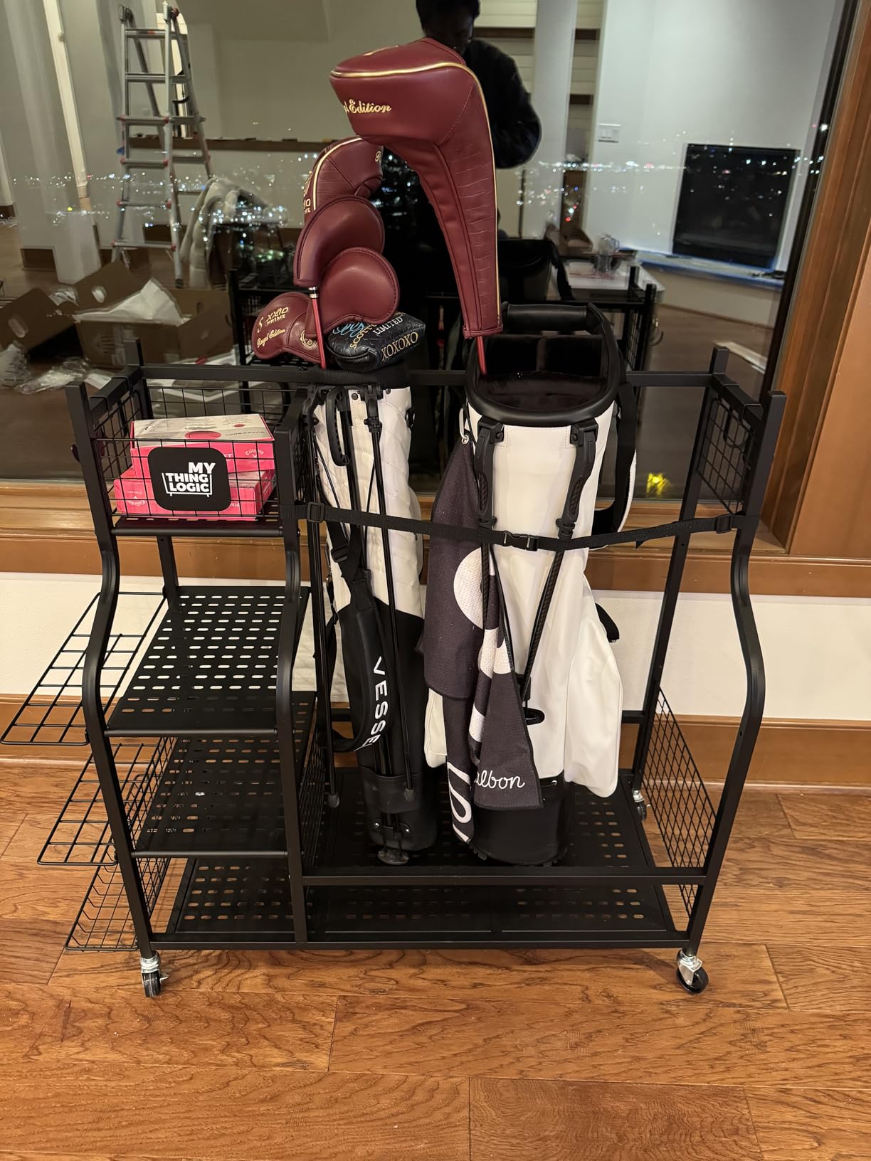 Mythinglogic Golf Bag Storage Organizer for Garage, Multiple Capacities | All in one metal storage for organizing golf bags, shoes, balls and golf accessories in garages, home or golf simulator rooms customer photo 1