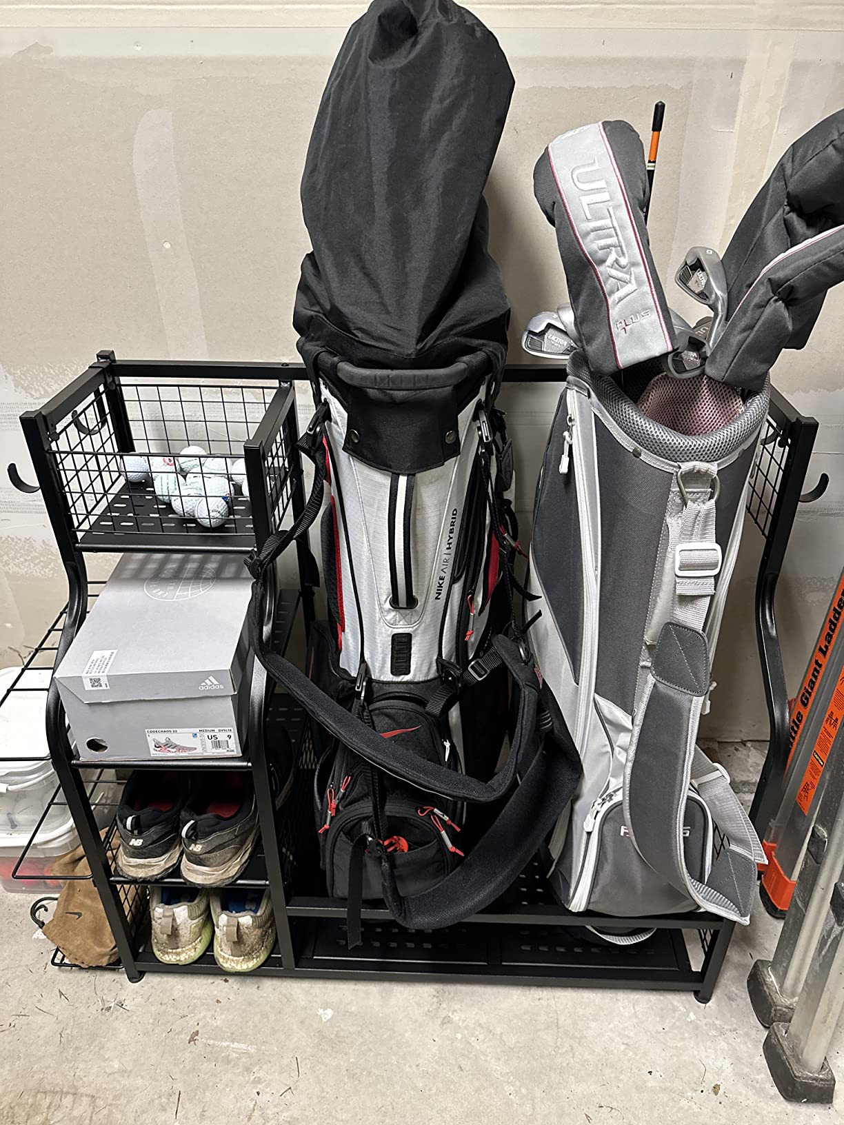 Golf Bag Garage Storage Organizer Extra Large Size Golf Bag Rack Stand Holder Fits 2 Golf Bags and Other Golfing Equipment Accessories, Metal Black Golf Club Storage for Garage Shed and Basement customer photo 2