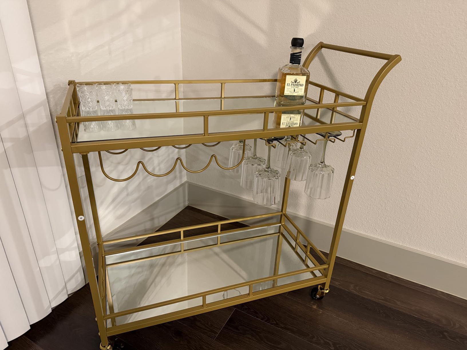 VASAGLE Bar Cart Gold, Home Bar Serving Cart, Wine Cart with 2 Mirrored Shelves, Wine Holders, Glass Holders, for Kitchen, Dining Room, Gold ULRC090A03 customer photo 2