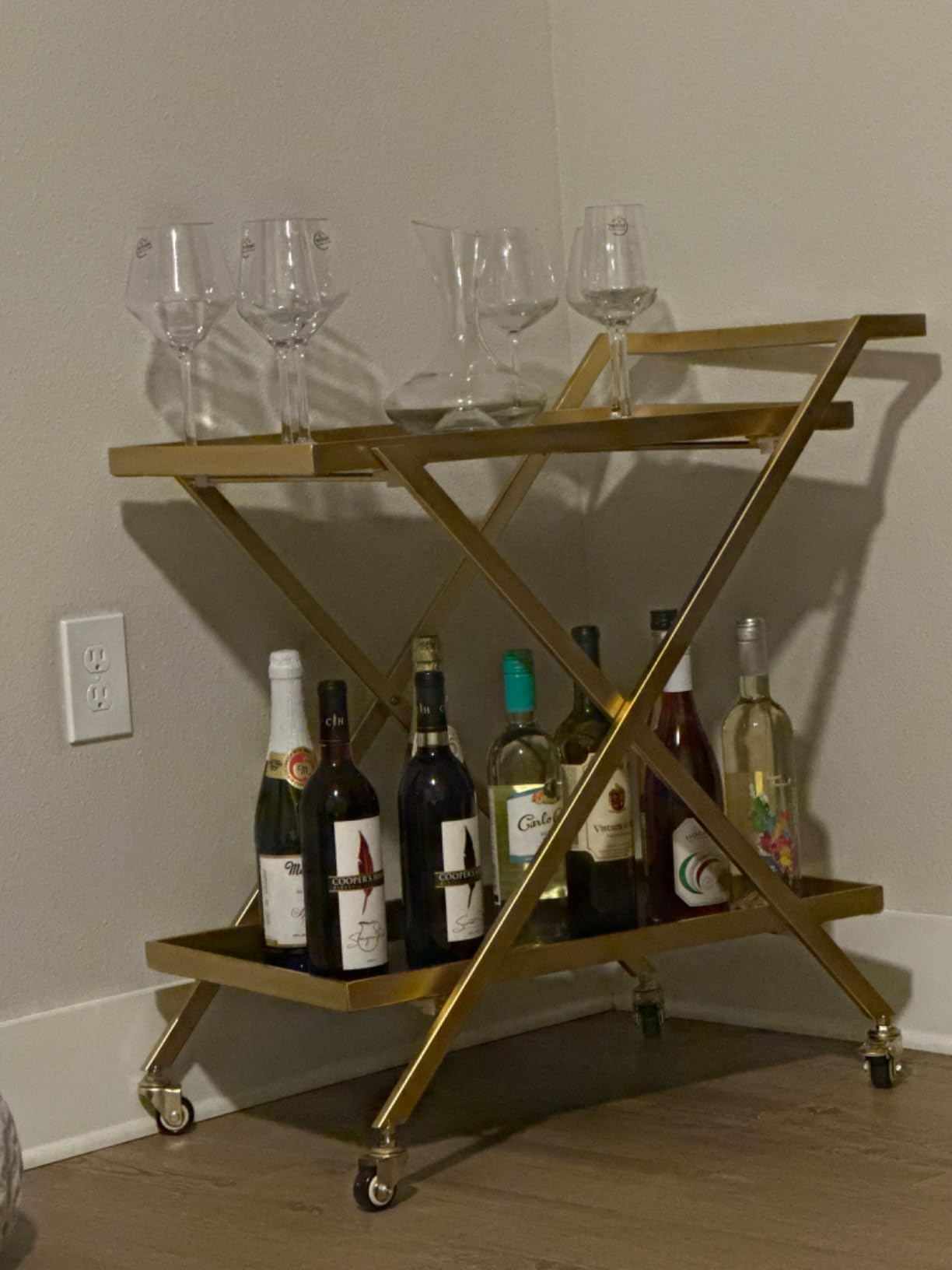 Crofy Gold Finish Bar Cart on Wheels, No-Tool Assembly 2-Tier Serving Cart with Black Tempered Glass Shelves & Locking Casters - Mobile Snack/Drink Cart for Home Bar, Kitchen, Parties customer photo 1
