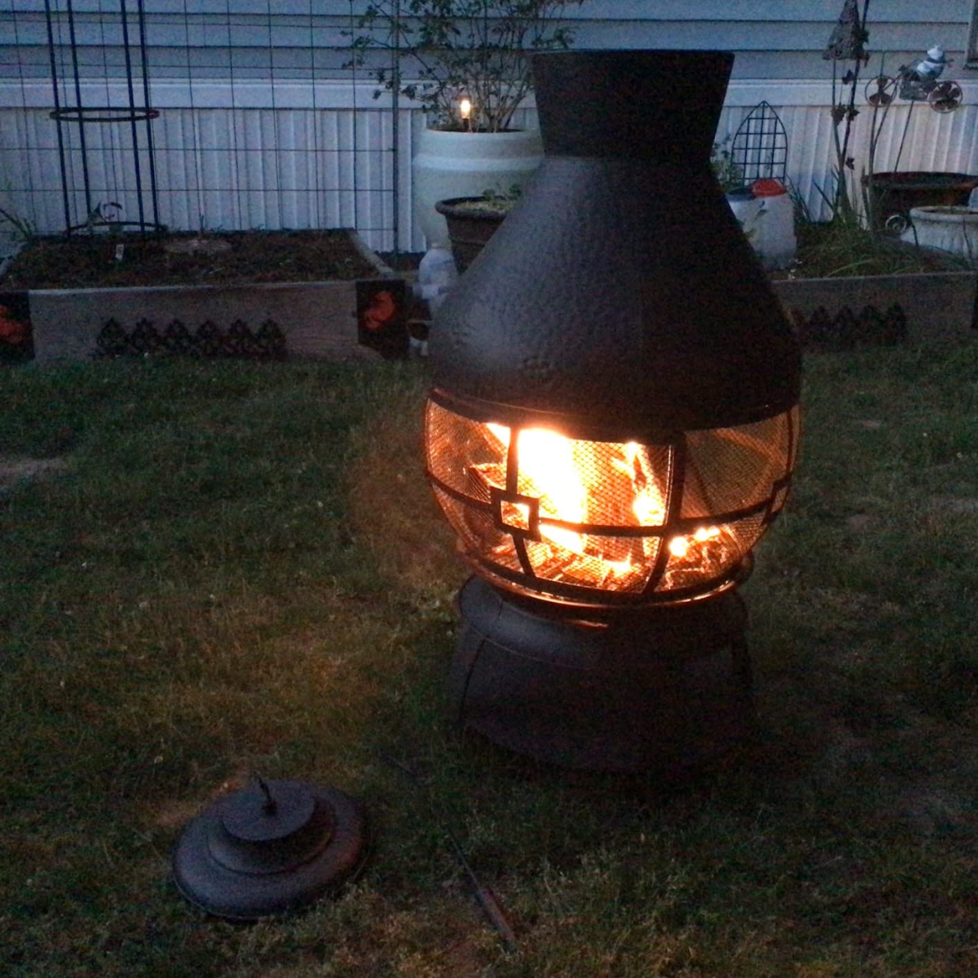 SAFSTAR Outdoor Cast Iron Chiminea, Fireplace Wooden Chiminea Fire Pit w/Fire Poker, 360°Fire Retardant Mesh Cover, Patio Wood Burning Fire Pit customer photo 1
