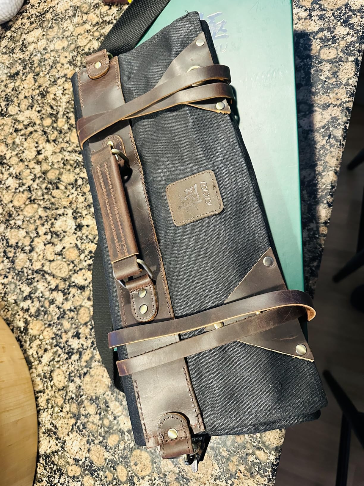 KYOKU Chef Knife Roll Bag, 10 Slot Leather & Waxed Canvas Case, Black | 10 Knife Slots, 3 Utility Loops, Detachable Pocket, Oiled Leather & Waxed Canvas, Adjustable 27-51In Strap; For Chefs customer photo 1