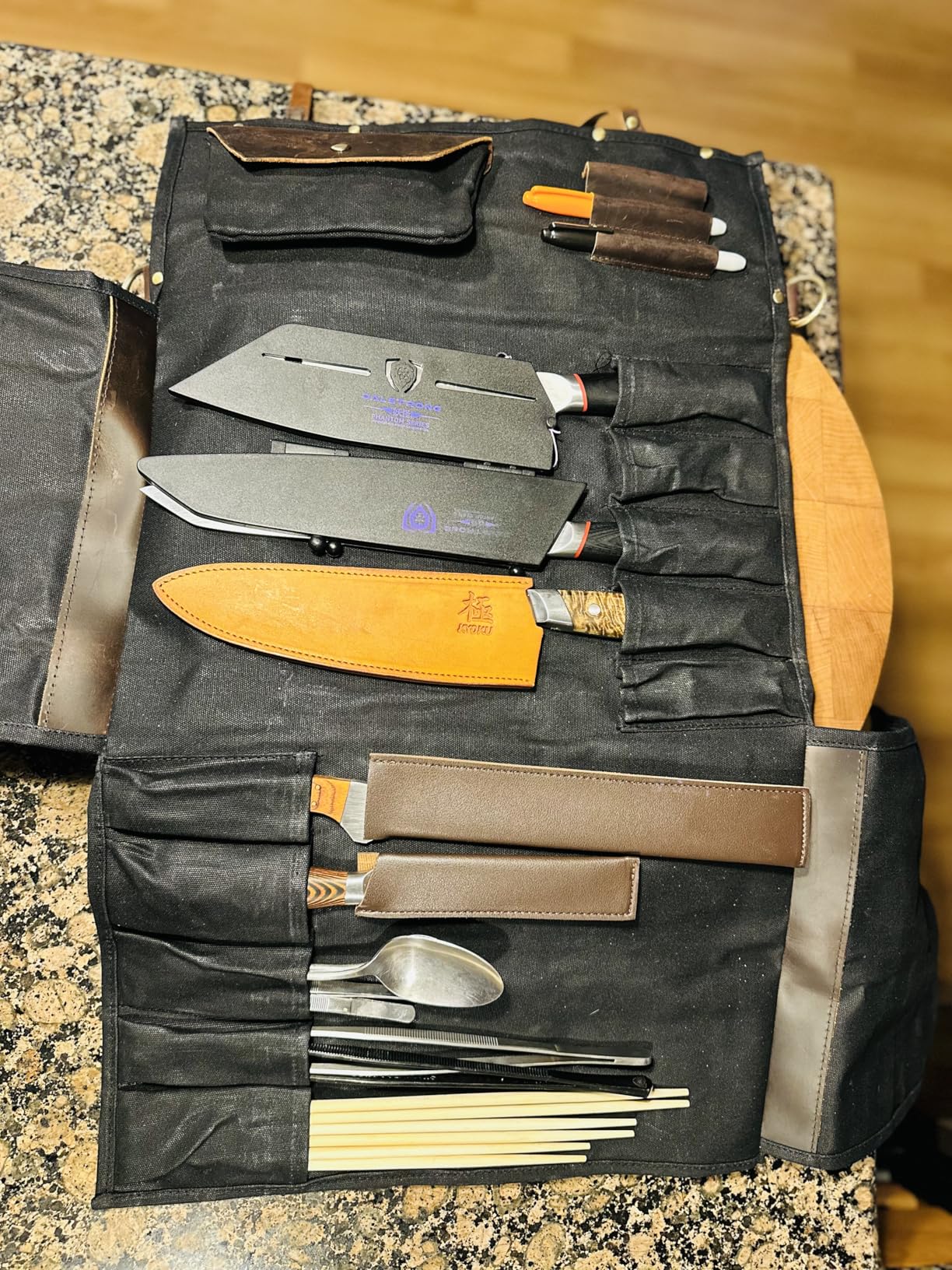 KYOKU Chef Knife Roll Bag, 10 Slot Leather & Waxed Canvas Case, Black | 10 Knife Slots, 3 Utility Loops, Detachable Pocket, Oiled Leather & Waxed Canvas, Adjustable 27-51In Strap; For Chefs customer photo 2