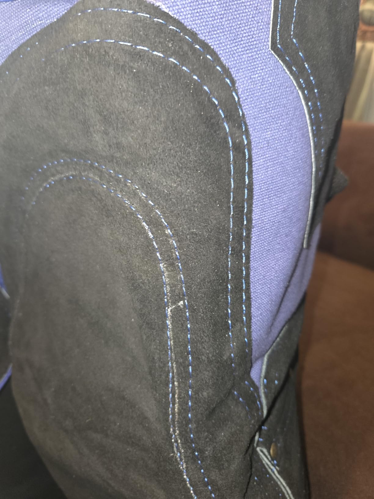 Blue Farrier Apron Chaps, Leather & Canvas, Back Support, 25in | 4 knife pockets, 2 nail magnets, neoprene lumbar back support, split-leg design, adjustable waist 28-52in, four lengths customer photo 2