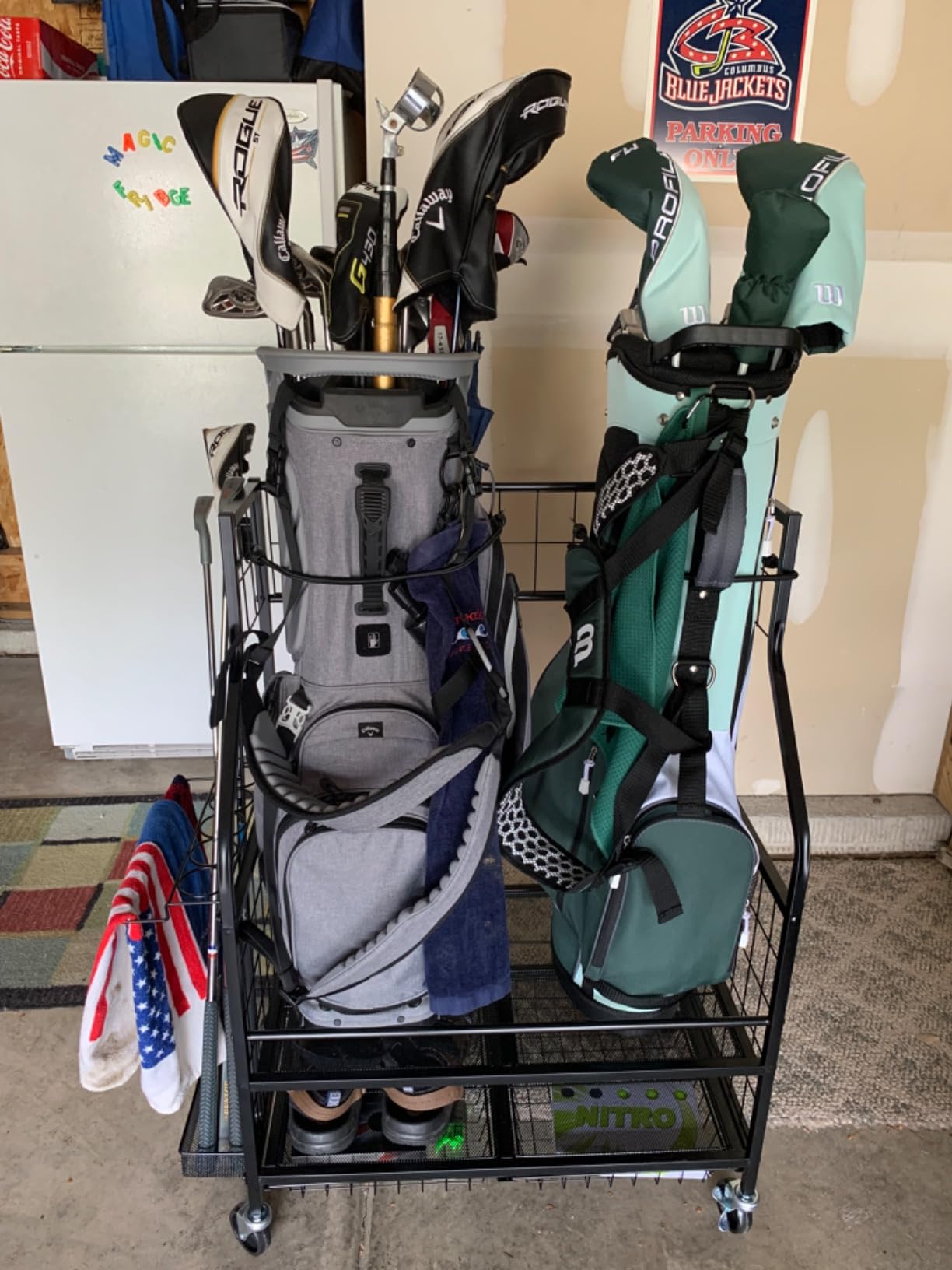 FHXZH Golf Bags Storage Garage Organizer - Golf Bag Stand for 2 Bag | Holder Extra Clubs, Balls, Shoes, Golf Equipment Accessories, With Wheels, Rolling Storage Rack For Garage, Home, Shed customer photo 1