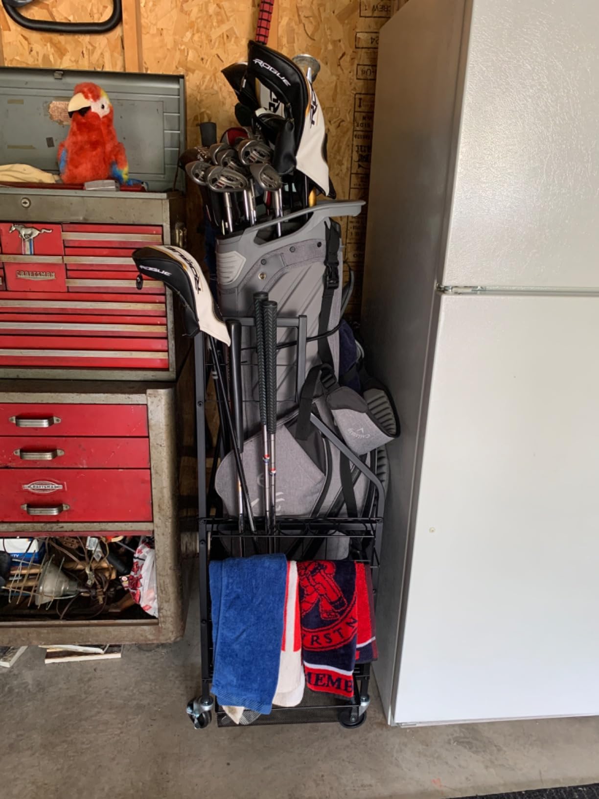 FHXZH Golf Bags Storage Garage Organizer - Golf Bag Stand for 2 Bag | Holder Extra Clubs, Balls, Shoes, Golf Equipment Accessories, With Wheels, Rolling Storage Rack For Garage, Home, Shed customer photo 2