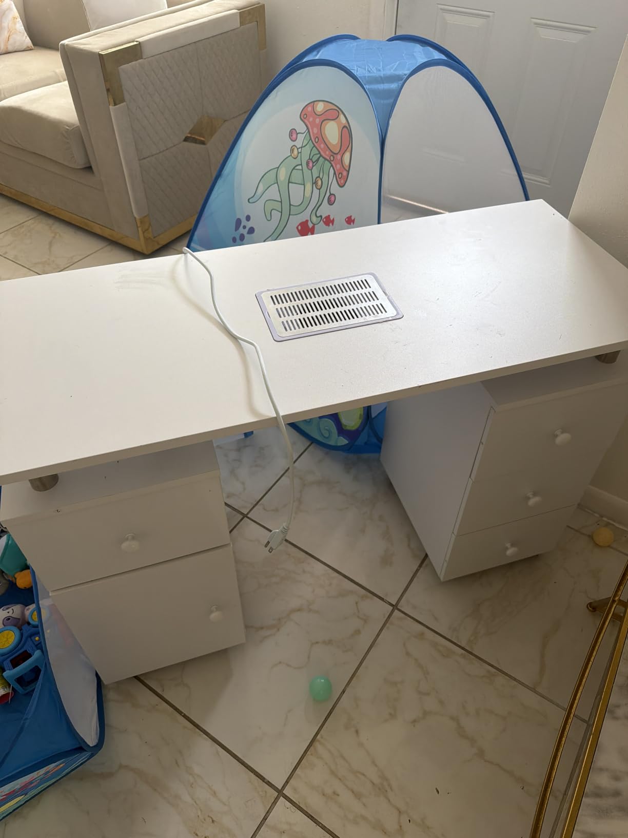 OmySalon Manicure Table Nail Desk for Nail Tech, Nail Table Station w/Electric Dust Collector, Nail Makeup Beauty Salon Storage Acetone Resistant w/Lockable Wheels, Wrist Cushion, 4 Drawers & Cabinet customer photo 1