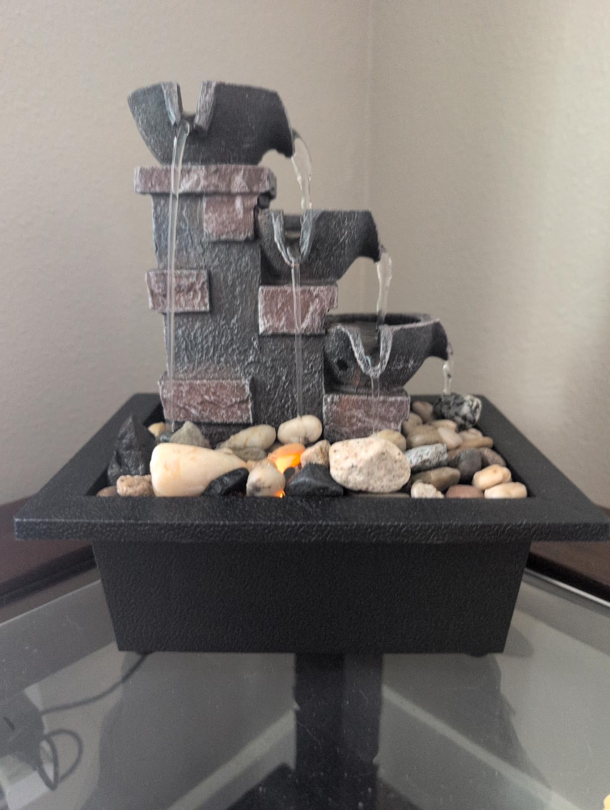 GOSSI 3-Tier Stone Wall Tabletop Water Fountain with Natural River Rocks, LED Lights, Zen Meditation Waterfall for Office and Home Decor, Relaxing Desktop Fountain, Christmas Decoration customer photo 1
