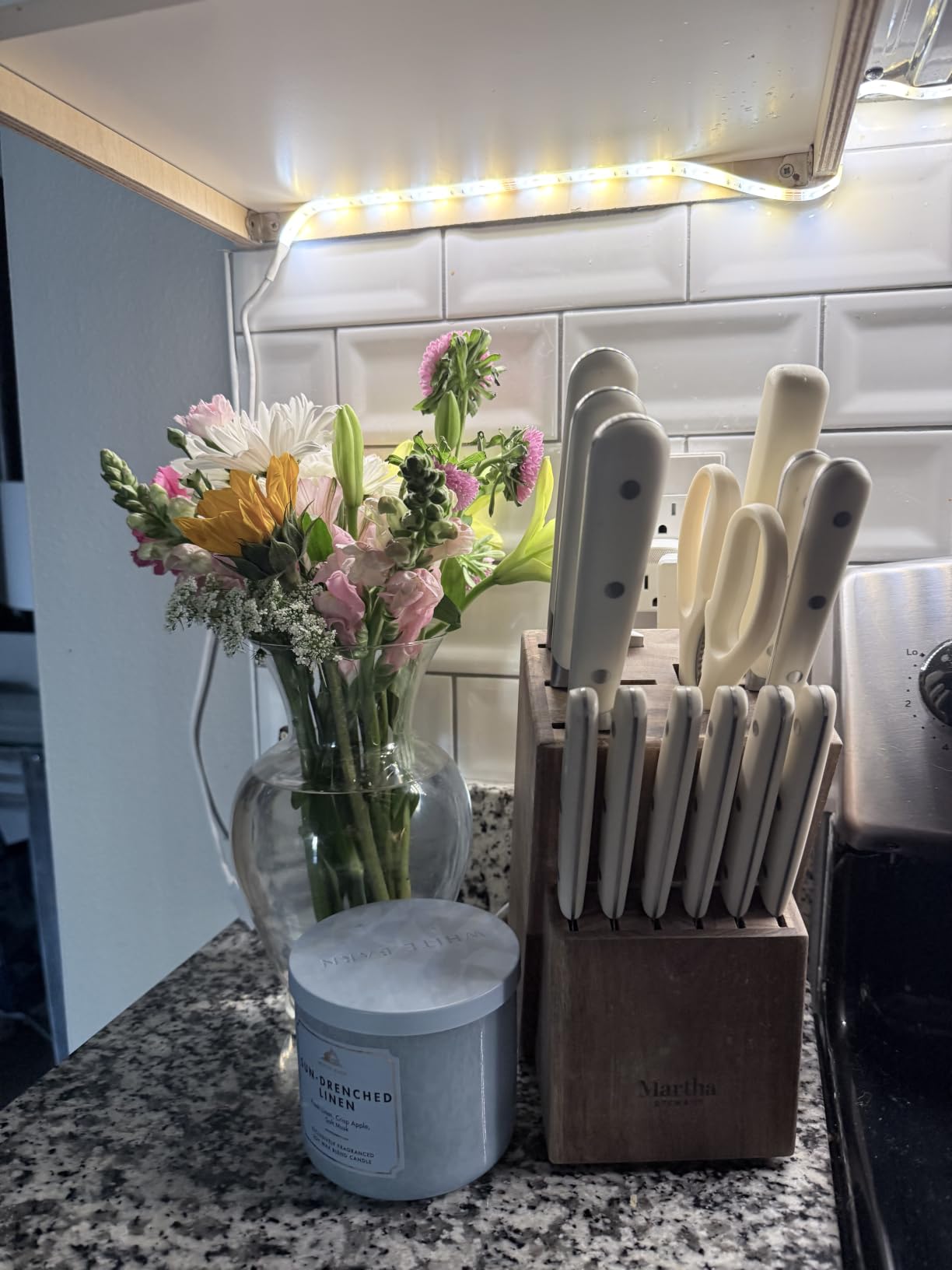 MARTHA STEWART Eastwalk 14 Piece High Carbon Stainless Steel Cutlery Kitchen Knife Block Set w/ABS Triple Riveted Forged Handle Acacia Wood Block - Linen White customer photo 1