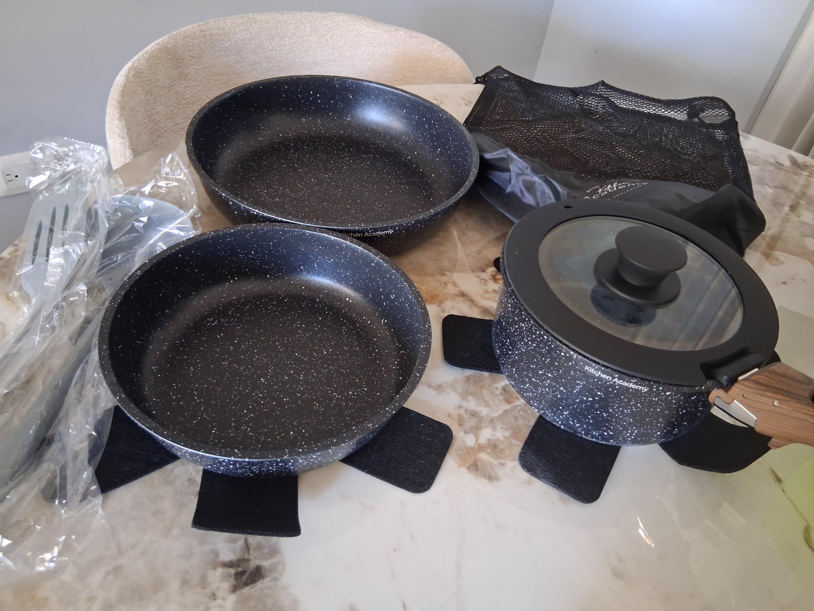 Kitchen Academy Removable Handle Induction Pots and Pans Set - 10 Piece Non-stick Cookware Sets, Black Granite Stackable RV Cookware for Camp | Stackable nonstick cookware set with detachable handle. Oven & Induction safe, space-saving design for camping. customer photo 1