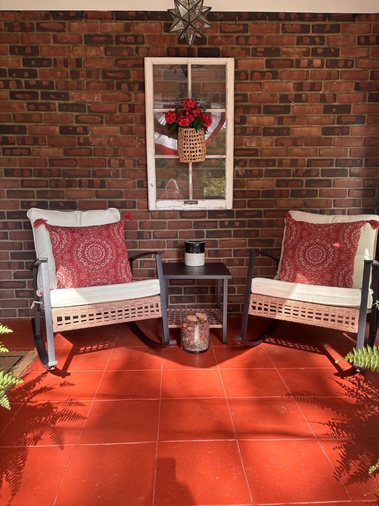 3-Piece Rocking Bistro Set, Outdoor Patio Furniture with Thick Cushions and 2-Tier Coffee Table, Oversize Rattan Conversation Set for Garden, Balcony, Backyard (Beige) customer photo 2
