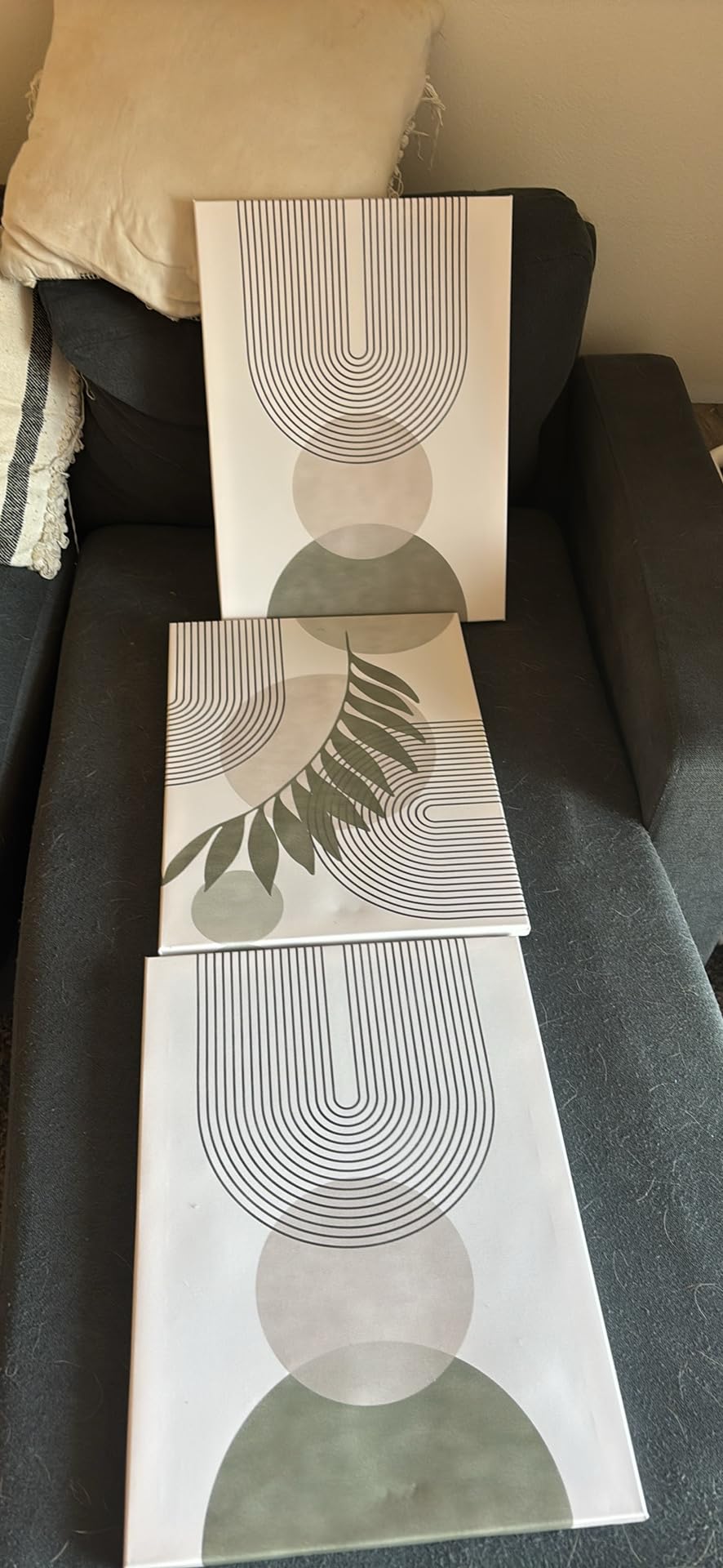 Sage Green Boho Wall Art Set of 3, Minimalist Framed Wall Art Geometric Line Leaf Sun Moon Beige Green Canvas Artwork Paintings, Abstract Botanical Boho Room Decor, Office, 12