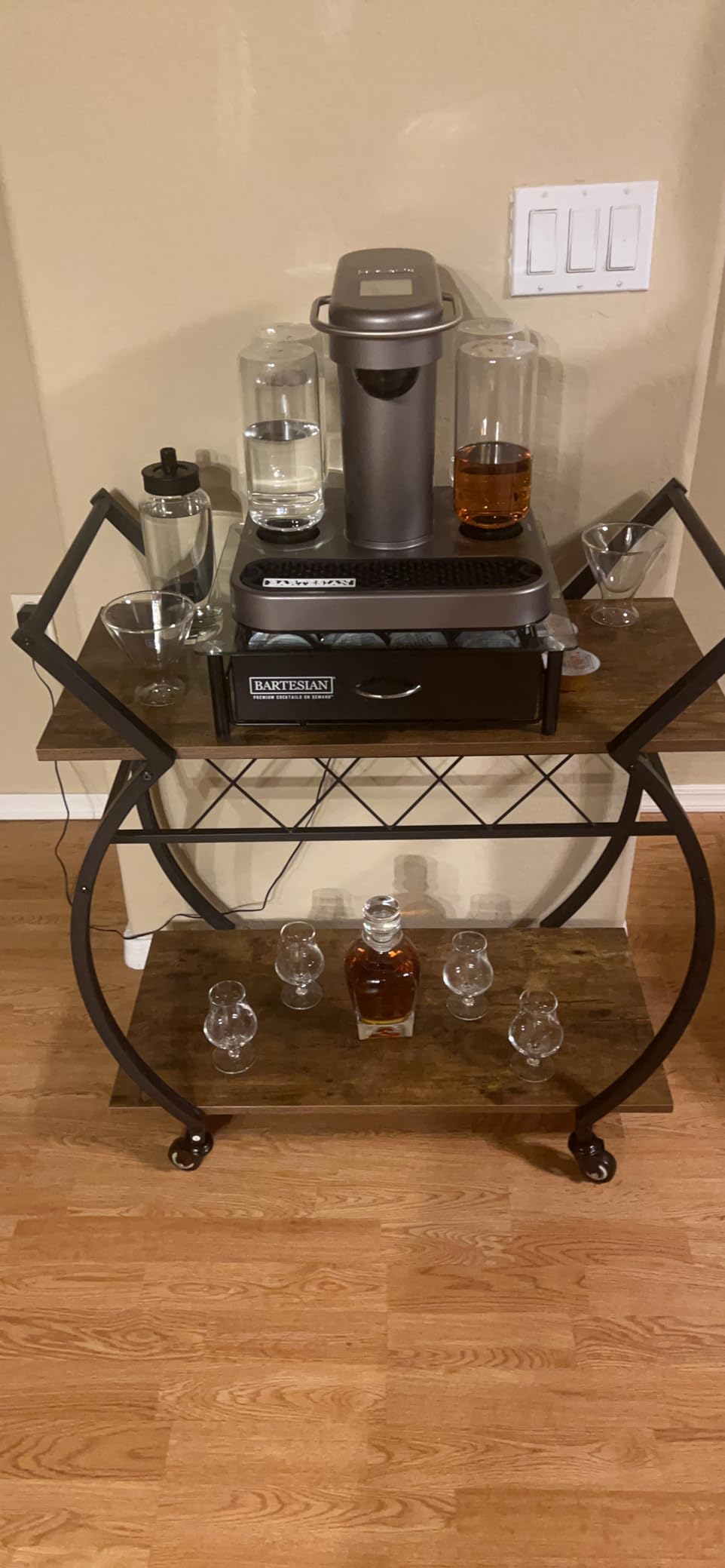 LVB Black Wine Cart with Wheels, Modern Bar Cart with Wine Rack, Industrial Beverage Rolling Kitchen Serving Cart with Storage, Metal Wooden Microwave Drink Liquor Cart for Home Dining Room, Black Oak customer photo 1