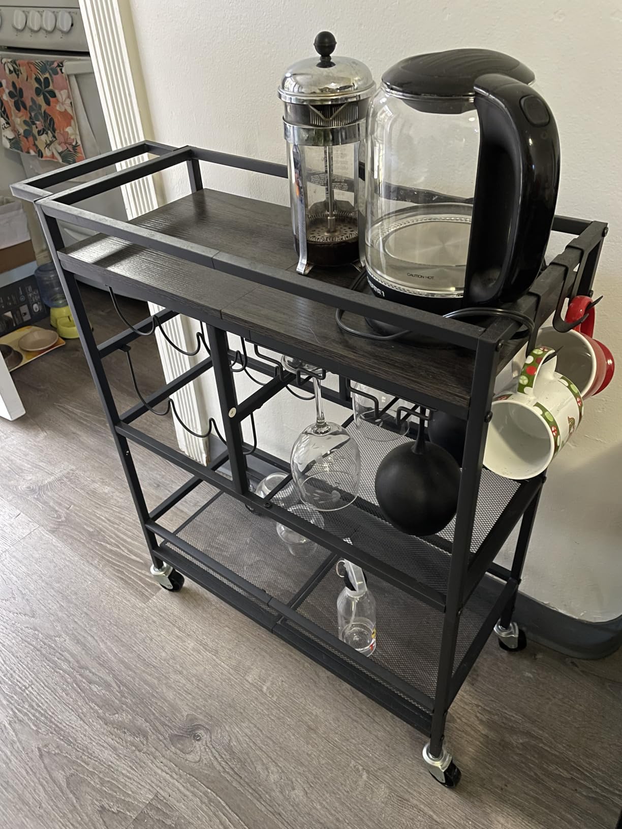MAHANCRIS Bar Cart for Home, 3-Tier Serving Cart with Wheels and Handle, Beverage Cart with Wine Rack and Glass Holders, Rolling Wine Cart for Kitchen, Dining Room, Rustic Brown RCHR6101 customer photo 2