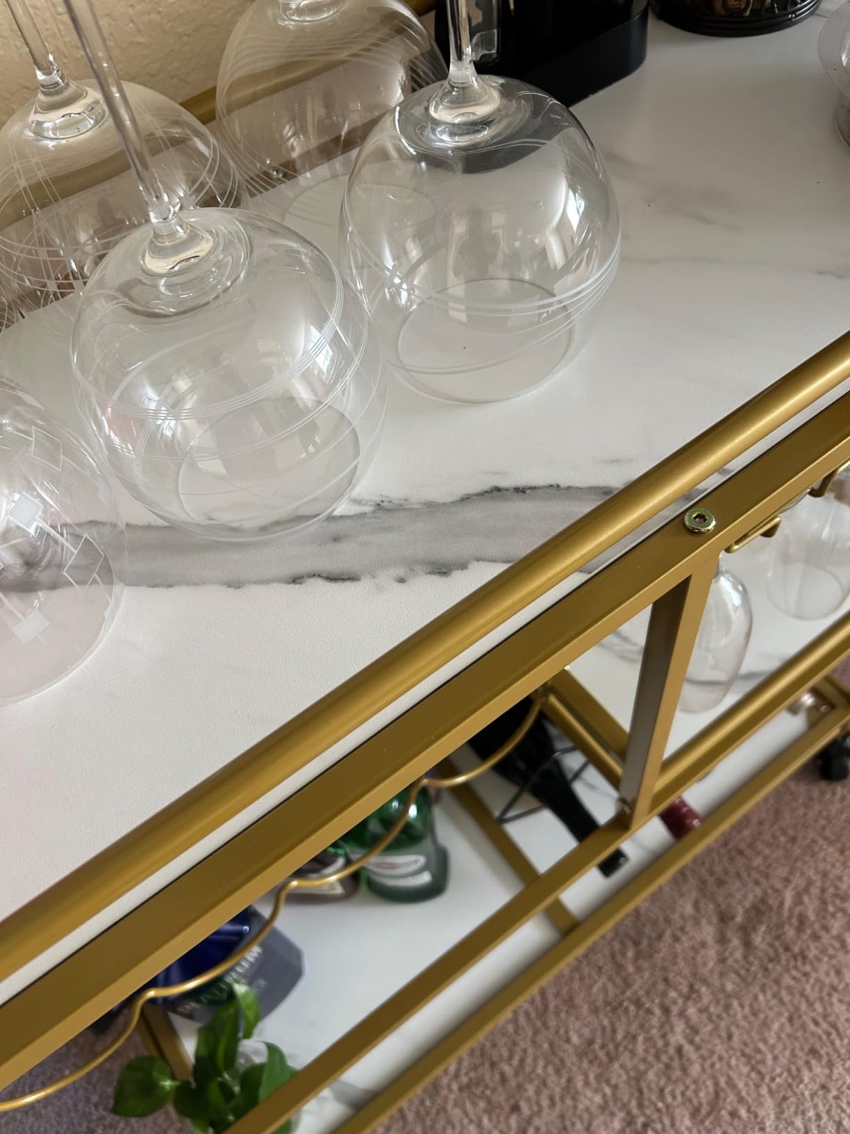 Lifewit 3 Tier Rolling Serving Bar Cart with Lockable Wheels, Gold | 12 wine rack and 3 rows glass holders, liquor serving cart for living room, 31.6 x 13.1 x 33.9 inch rolling beverage stand customer photo 1