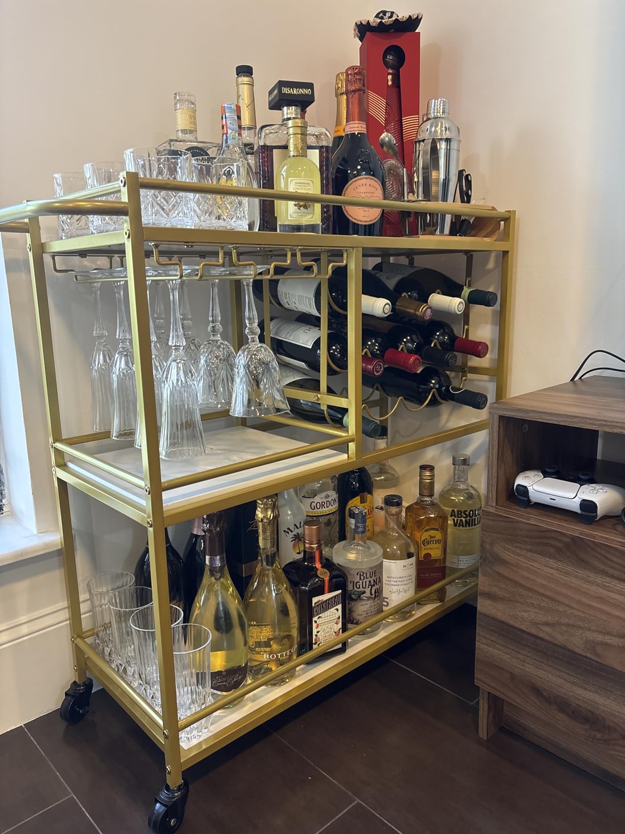 Lifewit 3 Tier Rolling Serving Bar Cart with Lockable Wheels, Gold | 12 wine rack and 3 rows glass holders, liquor serving cart for living room, 31.6 x 13.1 x 33.9 inch rolling beverage stand customer photo 2