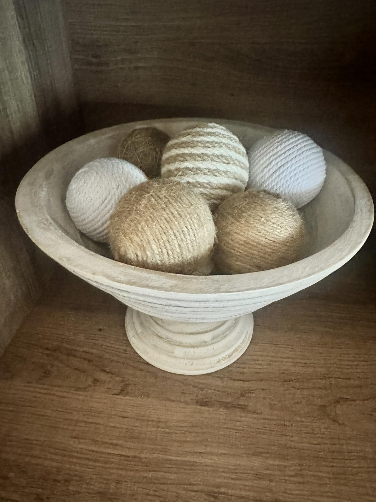 Creative Co-Op Boho Wood Pedestal Serving Bowl, White Wash Finish customer photo 2
