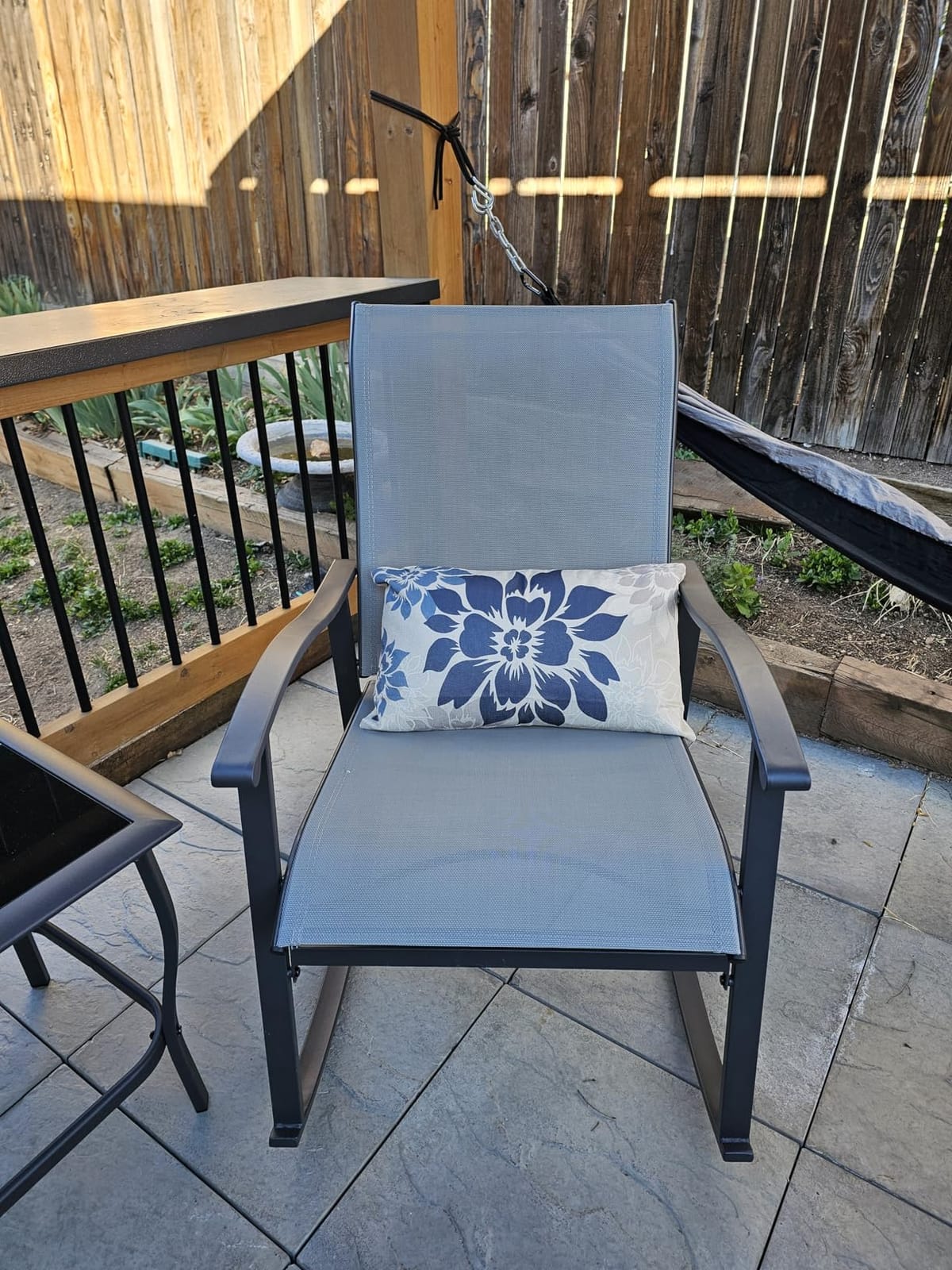 Vongrasig 3 Piece Outdoor Rocking Bistro Set, Textilene Fabric Small Patio Furniture Set, Front Porch Rocker Chairs Conversation Set with Glass Table for Lawn, Garden, Balcony, Poolside (Light Gray) customer photo 2