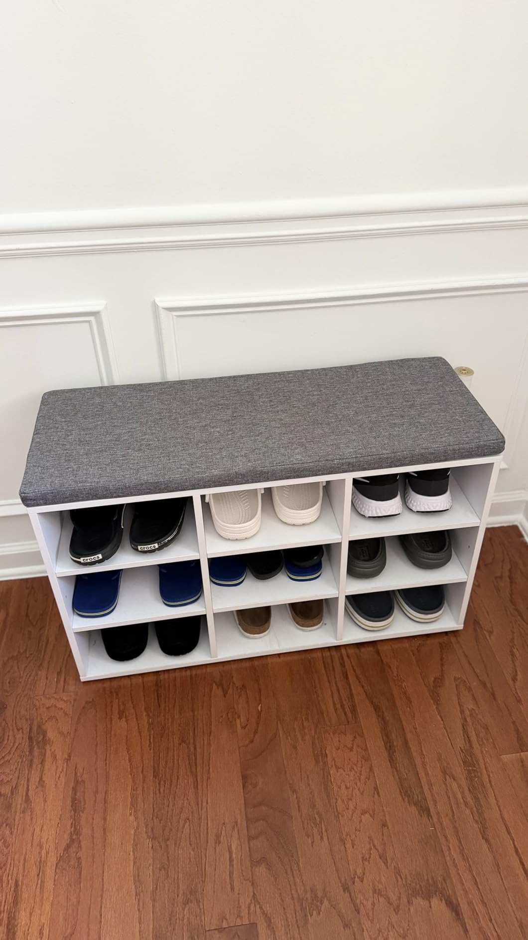 VASAGLE CUSTOS Collection - Shoe Bench, Storage Bench with Padded Seat, Entryway Bench with 9 Compartments, for Bedroom, 11.9 x 30.9 x 18.9 Inches, Cloud White and Dove Gray ULHS009W14 customer photo 1