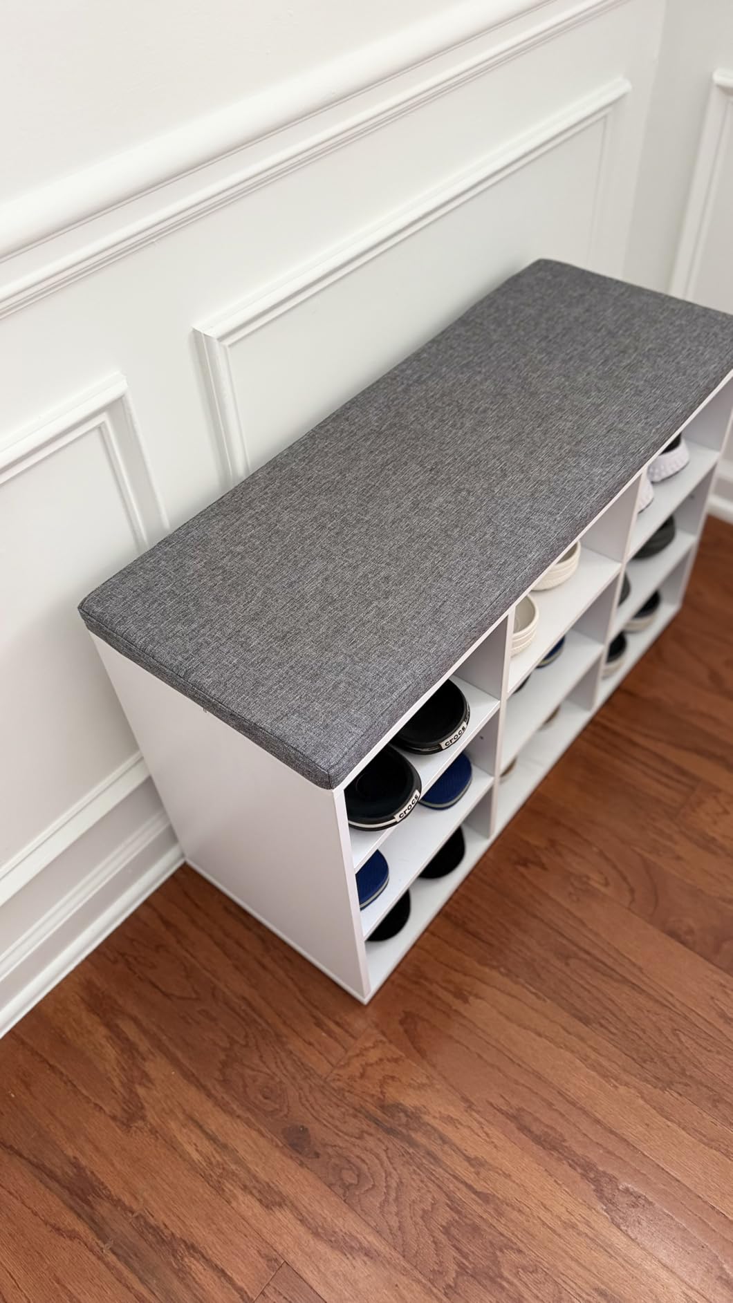 VASAGLE CUSTOS Collection - Shoe Bench, Storage Bench with Padded Seat, Entryway Bench with 9 Compartments, for Bedroom, 11.9 x 30.9 x 18.9 Inches, Cloud White and Dove Gray ULHS009W14 customer photo 2