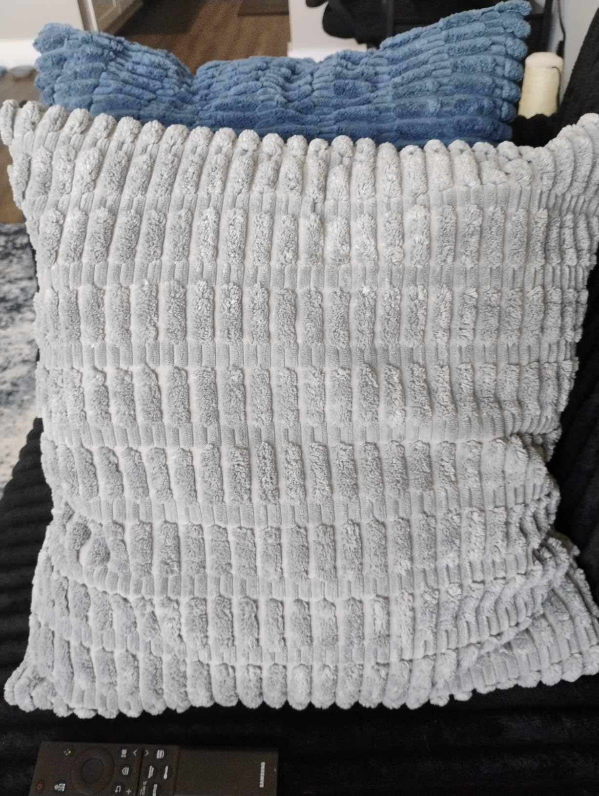 Pack of 4 Corduroy Decorative Throw Pillow Covers 18x18 Inch, Grey/Blue | Soft Striped Farmhouse Boho Modern Home Decor Throw Pillow Covers for Couch Sofa Bedroom Living Room customer photo 2