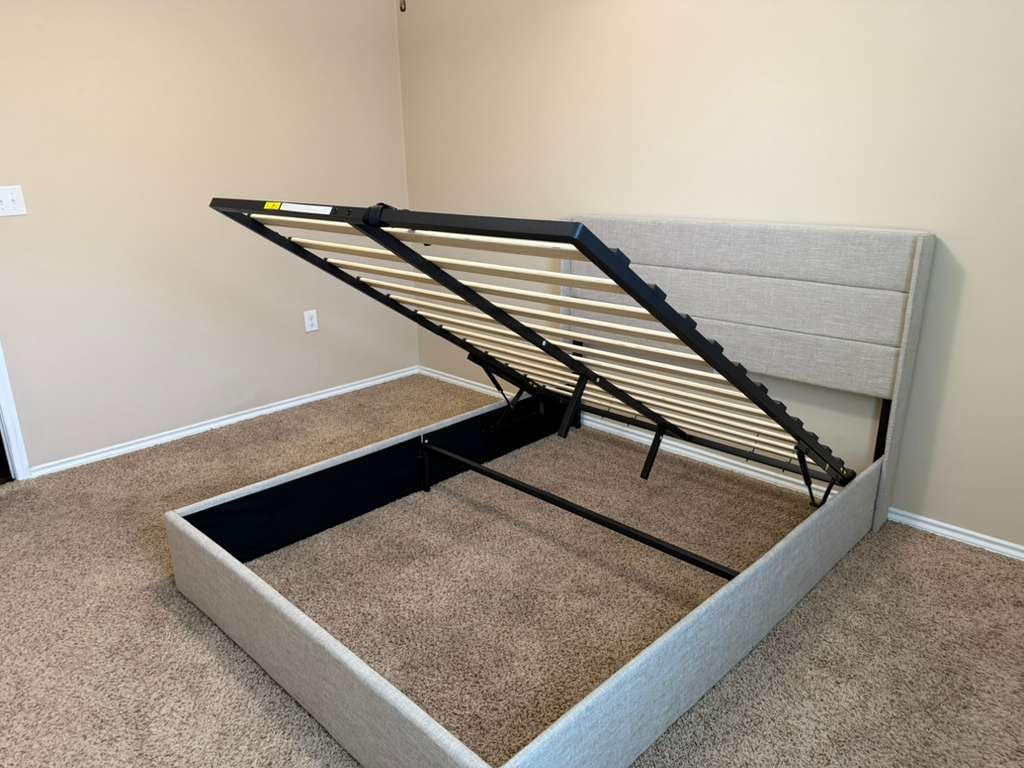 Allewie Queen Size Lift Up Storage Bed, Modern Wingback Headboard, Hydraulic Support, No Box Spring Needed, Light Beige customer photo 2
