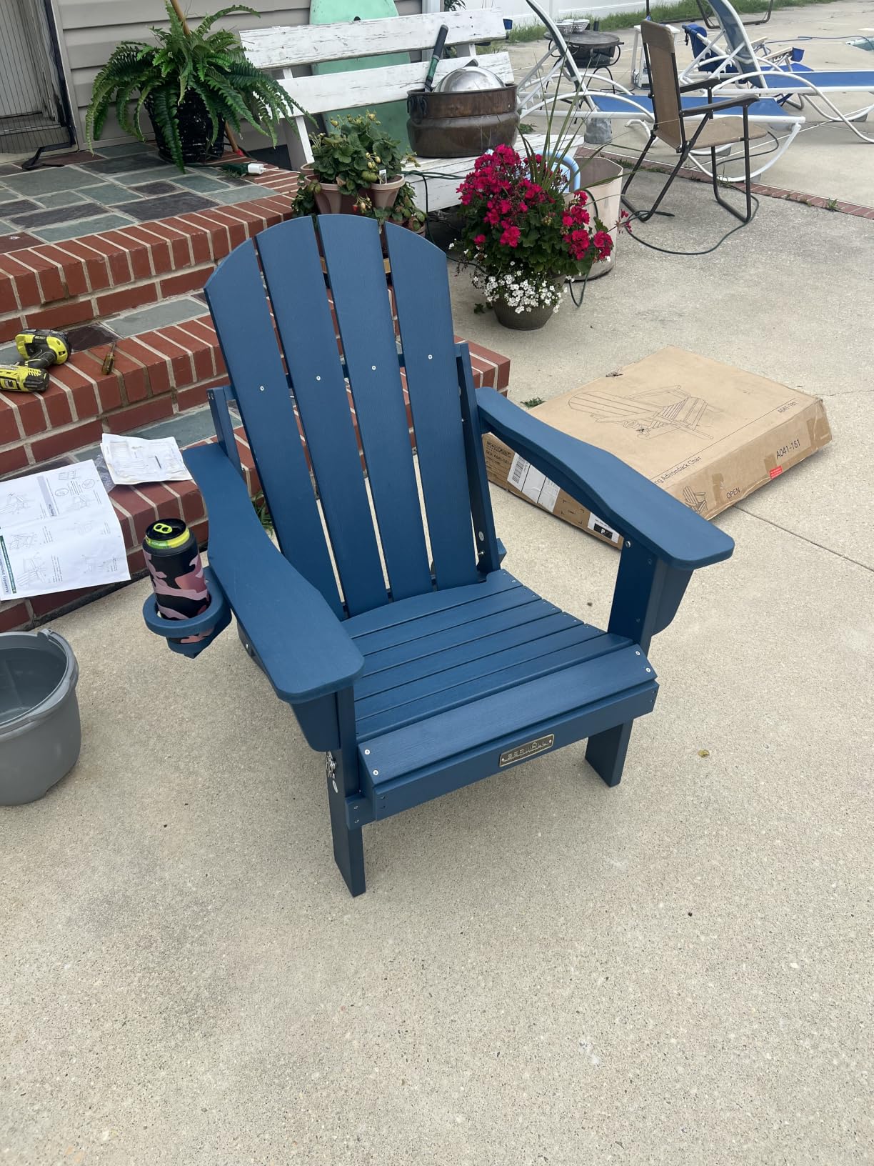 SERWALL Folding Adirondack Chair Set of 4 with Cup Holder for Fire Pit-Blue | Foldable Adirondack Chairs for Patio Garden Outdoor, Weather Resistant Plastic Fire Pit Chair with Wood Texture, SGS Tested customer photo 1