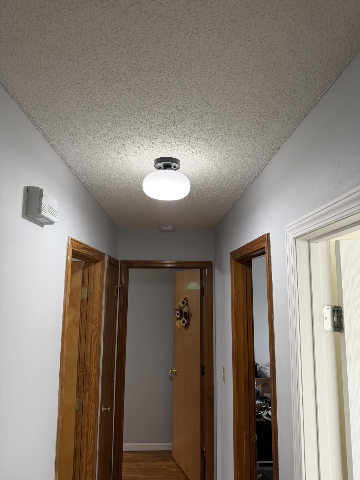 WOKNOS Mid-Century Modern Gold Semi Flush Ceiling Light 11.0 Inch | Small White Glass Shade Close to Ceiling Lighting Fixture For Kitchen Entryway Hallway Bathroom Closet Bedroom Laundry Room customer photo 1