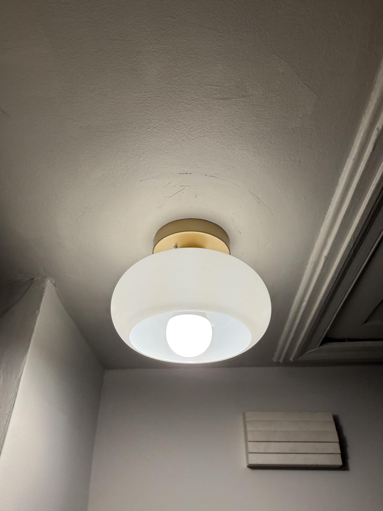 WOKNOS Mid-Century Modern Gold Semi Flush Ceiling Light 11.0 Inch | Small White Glass Shade Close to Ceiling Lighting Fixture For Kitchen Entryway Hallway Bathroom Closet Bedroom Laundry Room customer photo 2