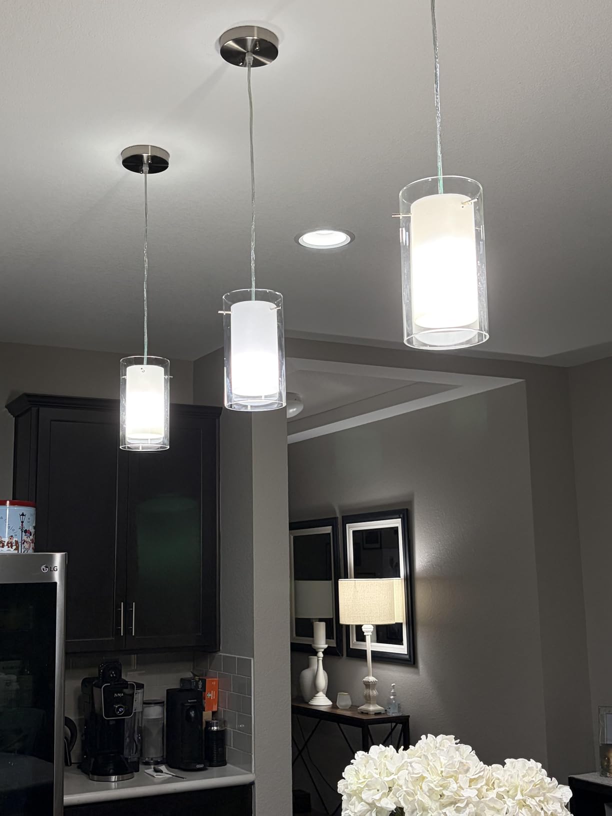 AKEZON 3 Pack Pendant Lights Kitchen Island, Adjust Height, Brushed Nickel | Flat/Slope wired Ceiling,modern design,Clear Glass,inner frosted white glass,E26 base,Hardwired Mount,Indoor Use,ETL Listed customer photo 2