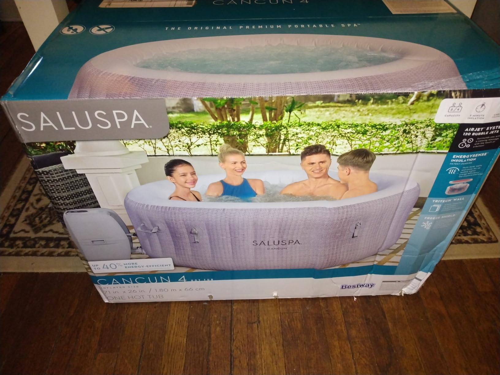 Bestway SaluSpa Cancun Energy-Efficient 2-4 Person Inflatable Hot Tub | AirJet Portable Outdoor Spa with Built-in Insulation, Freeze Shield Technology, 120 Bubble Jets, 71