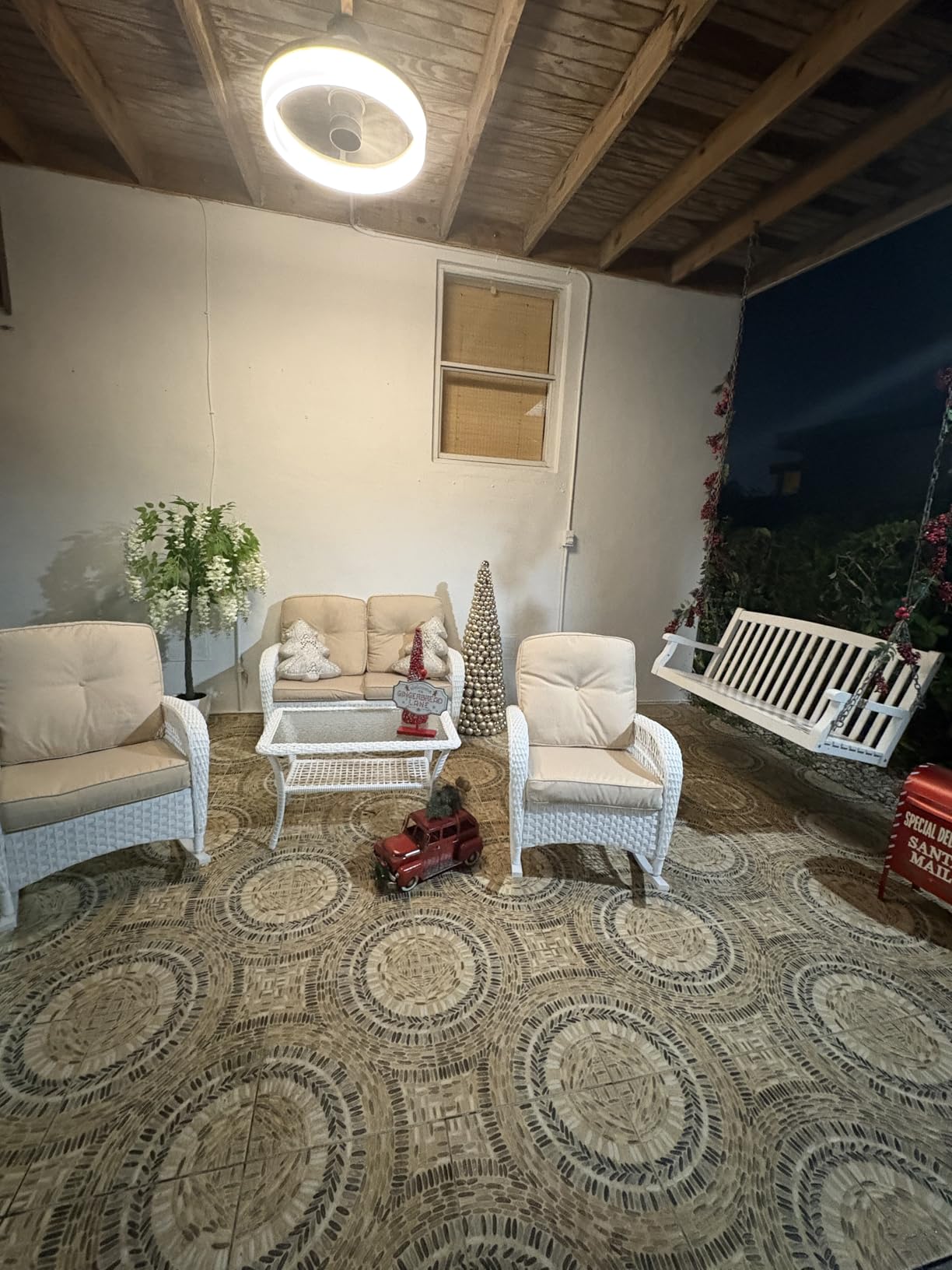 4-Piece Outdoor Patio Wicker Conversation Sets, All Weather Outdoor Rattan Furniture Set Includes Glider Loveseat, Coffee Table, 2 Rocking Chairs with Cushions for Backyard, Light Brown customer photo 2