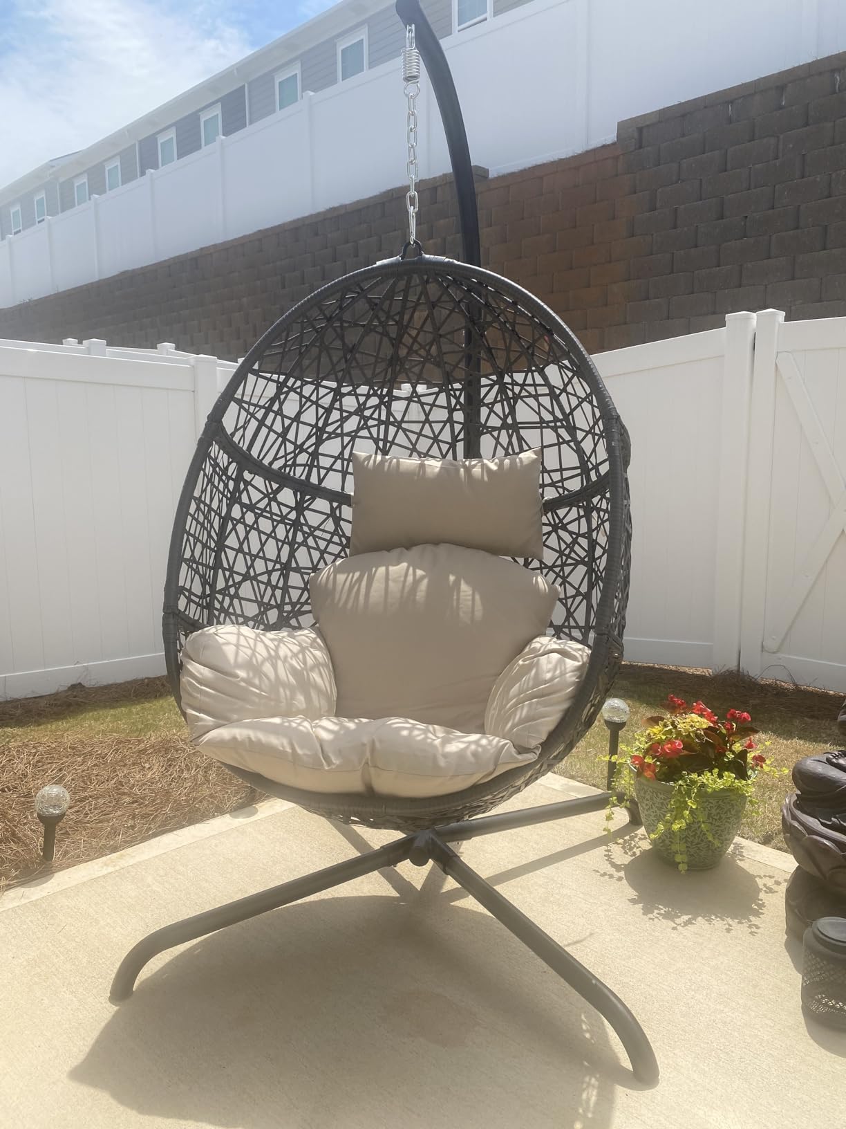 Swing Egg Chair with Stand, Bird Cage Patio Hanging Chair with Cushion, Large Swinging Chairs Indoor Outdoor, All-Weather 350lbs Eggshell Basket Seat for Porch, Backyard, Dark Grey customer photo 2