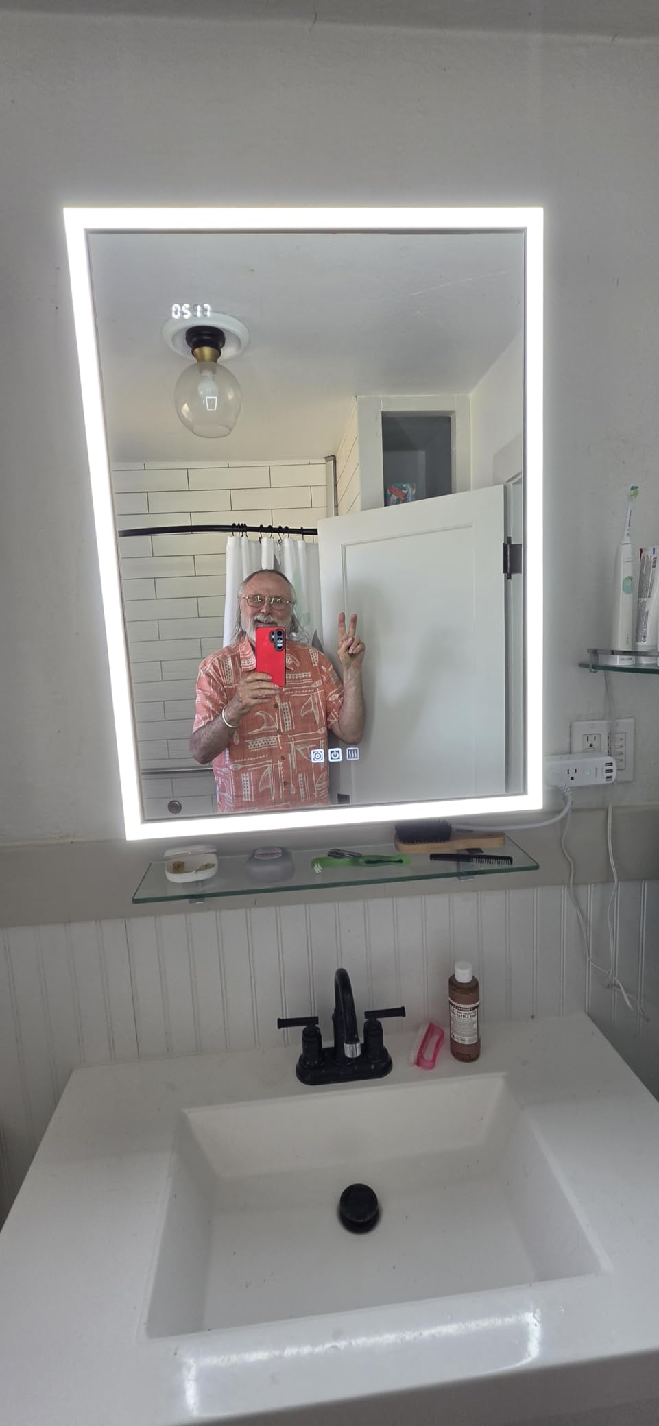 LED Medicine Cabinet with Mirror, 24x32 Surface or Recessed Lighted Medicine Cabinet with Mirror, Dimmable Fogless Aluminum Medicine Cabinet with Outlet, Time Display & Built-in Sensing Light customer photo 2